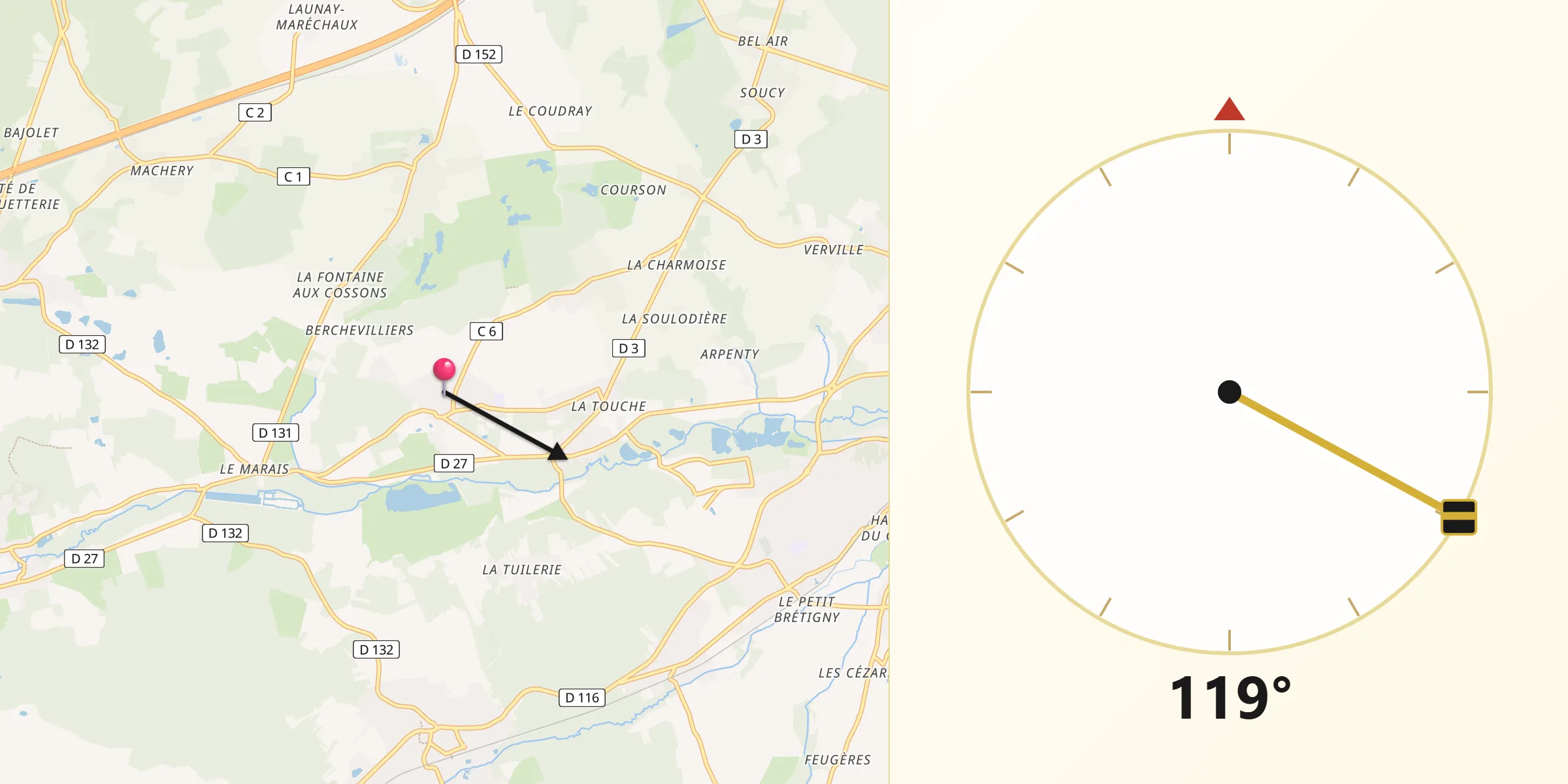 Direction vers la Qibla depuis Saint-Maurice-Montcouronne