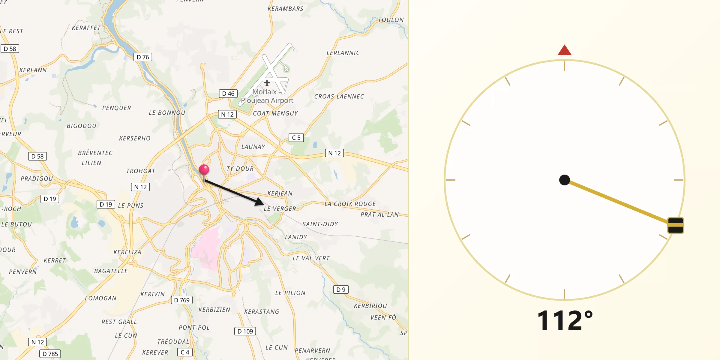 Direction vers la Qibla depuis Saint-Martin-des-Champs