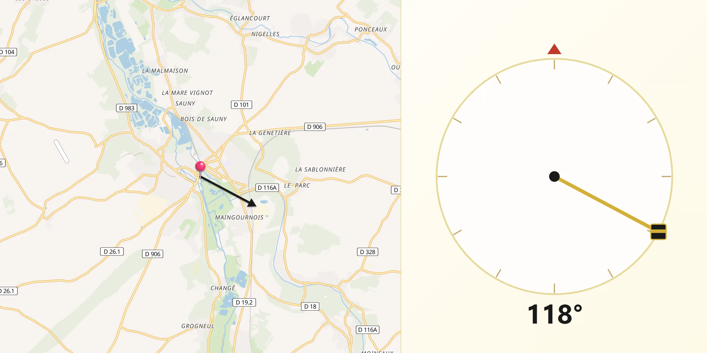 Direction vers la Qibla depuis Maintenon