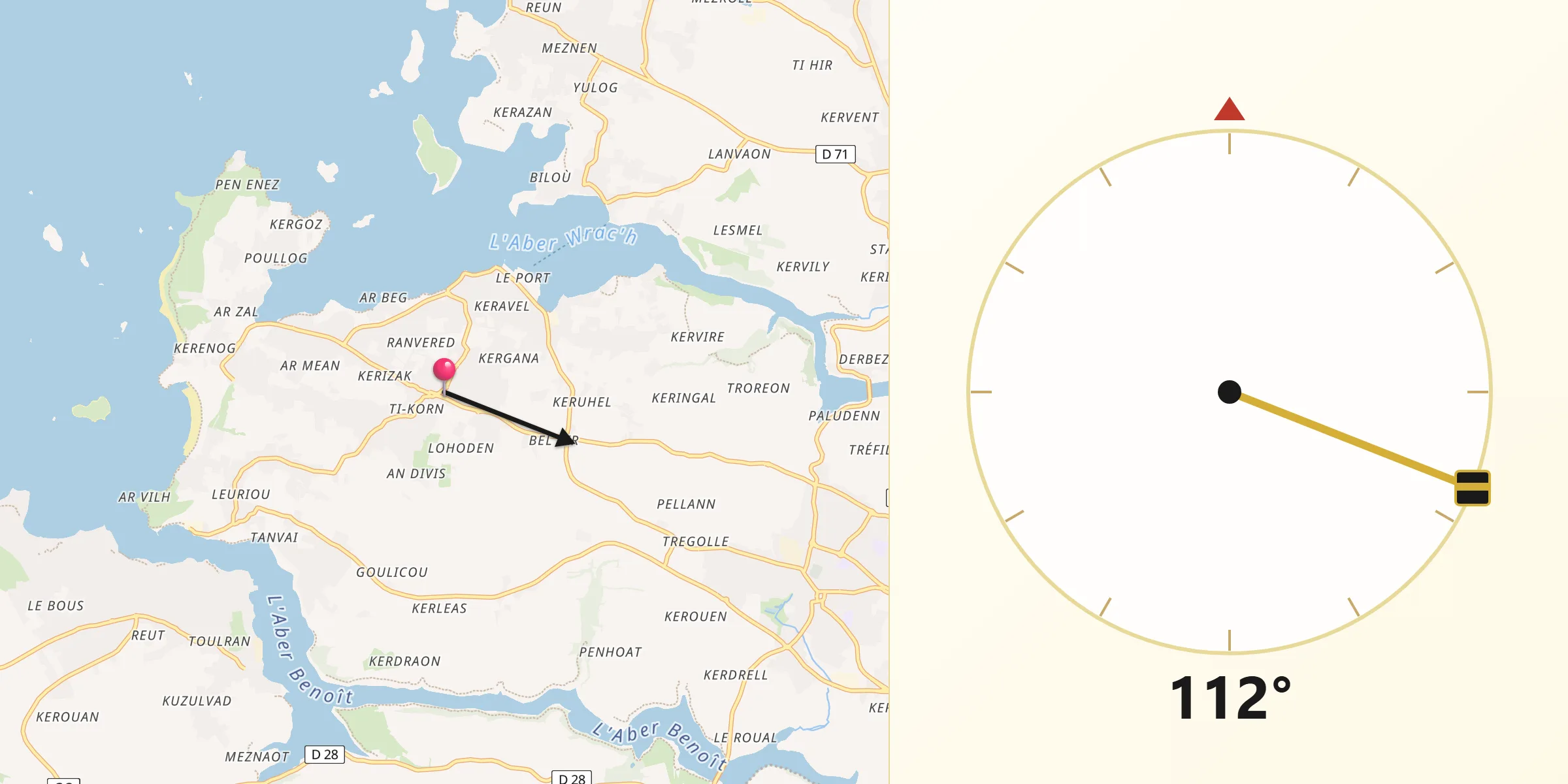 Direction vers la Qibla depuis Landéda
