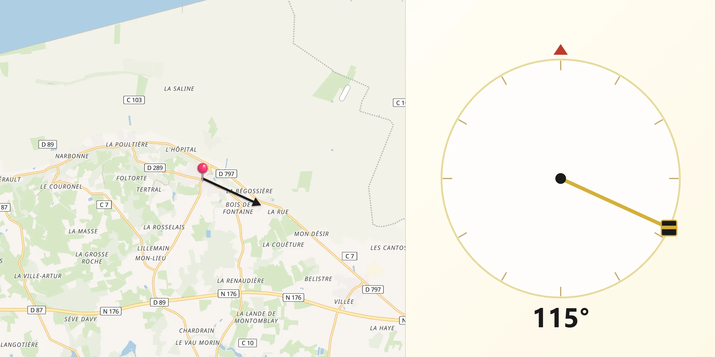 Direction vers la Qibla depuis Roz-sur-Couesnon