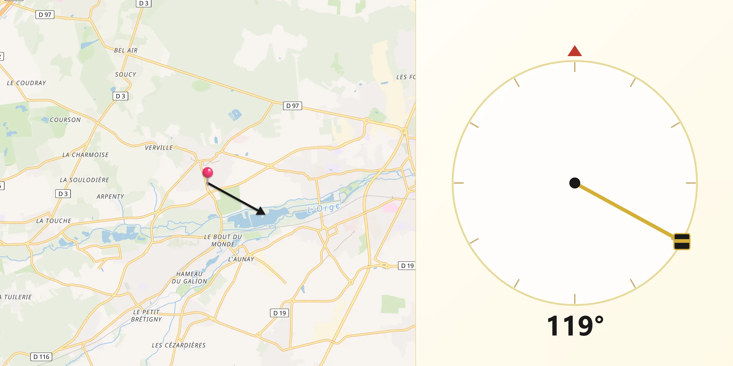 Direction vers la Qibla depuis Bruyères-le-Châtel