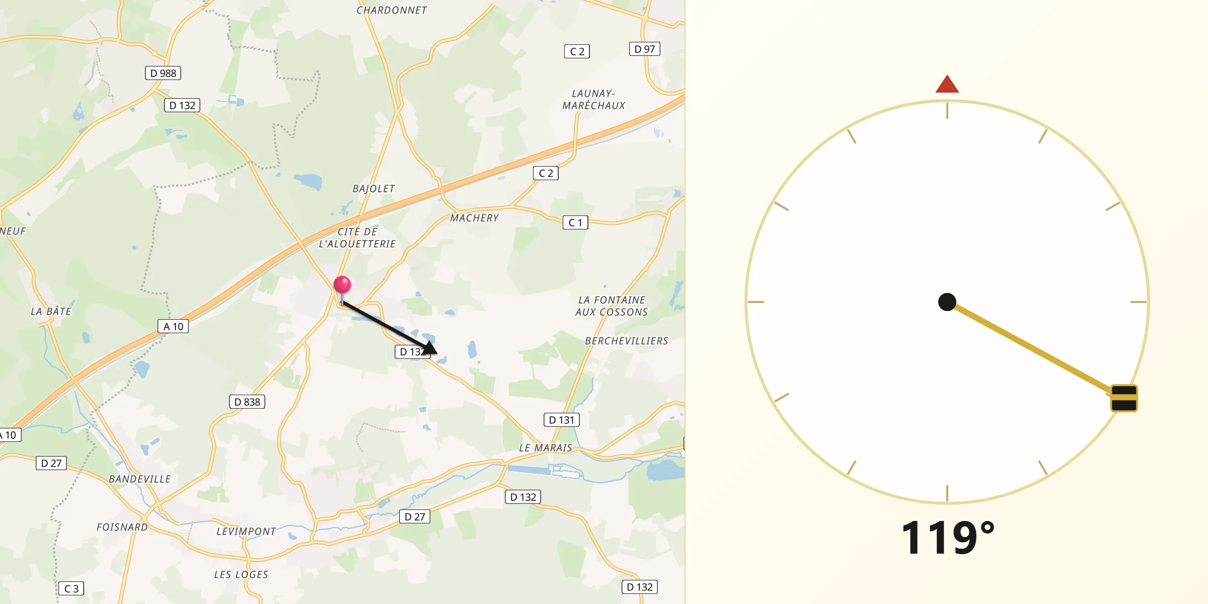 Direction vers la Qibla depuis Angervilliers