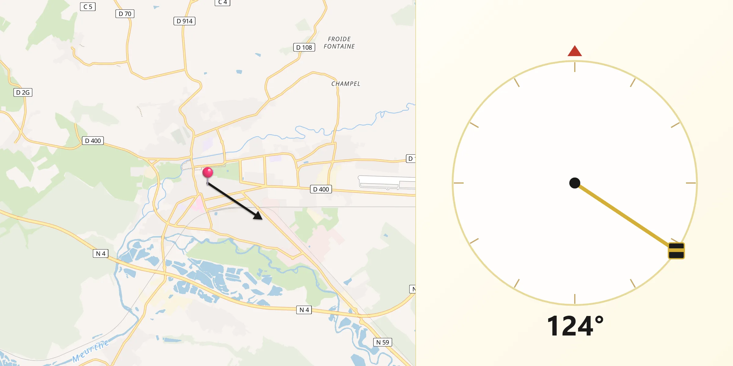 Direction vers la Qibla depuis Lunéville