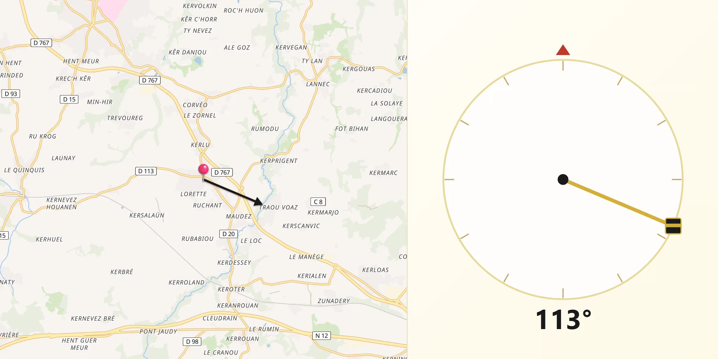 Direction vers la Qibla depuis Pédernec