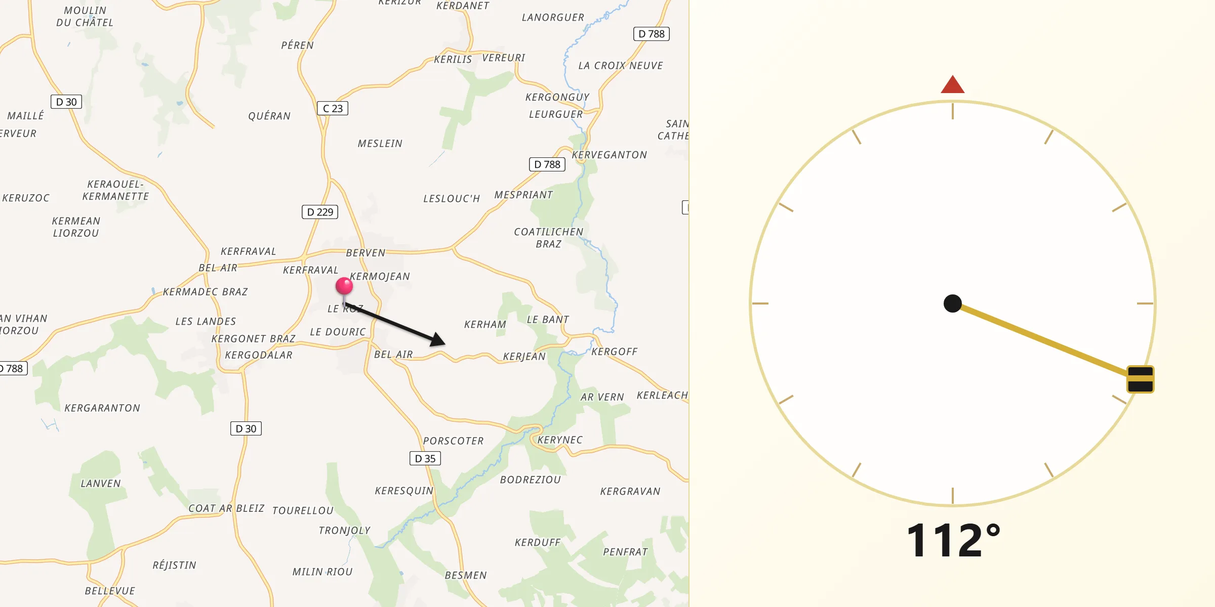Direction vers la Qibla depuis Plouzévédé