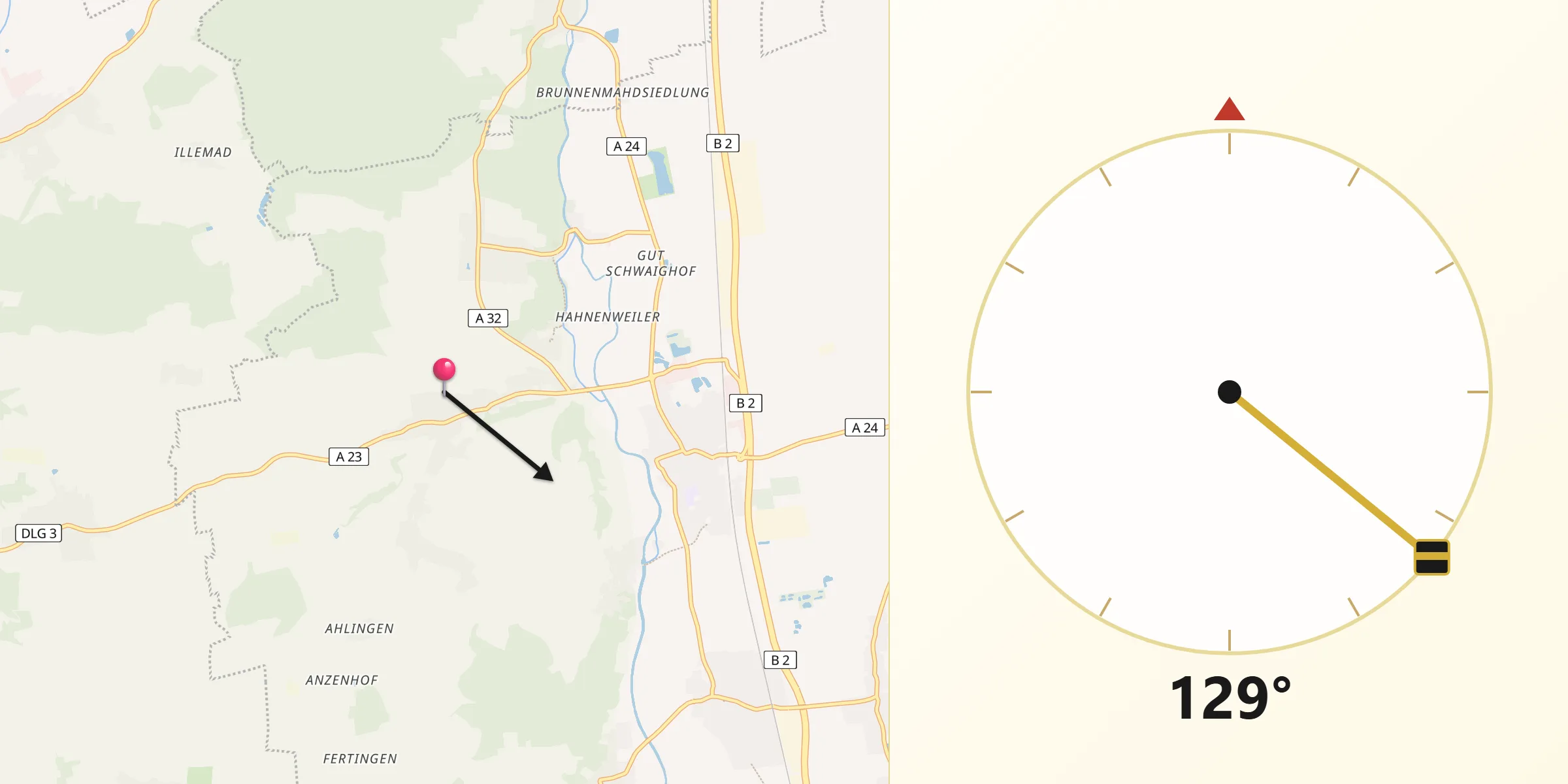 Qibla-Richtung von Ehingen an der Donau