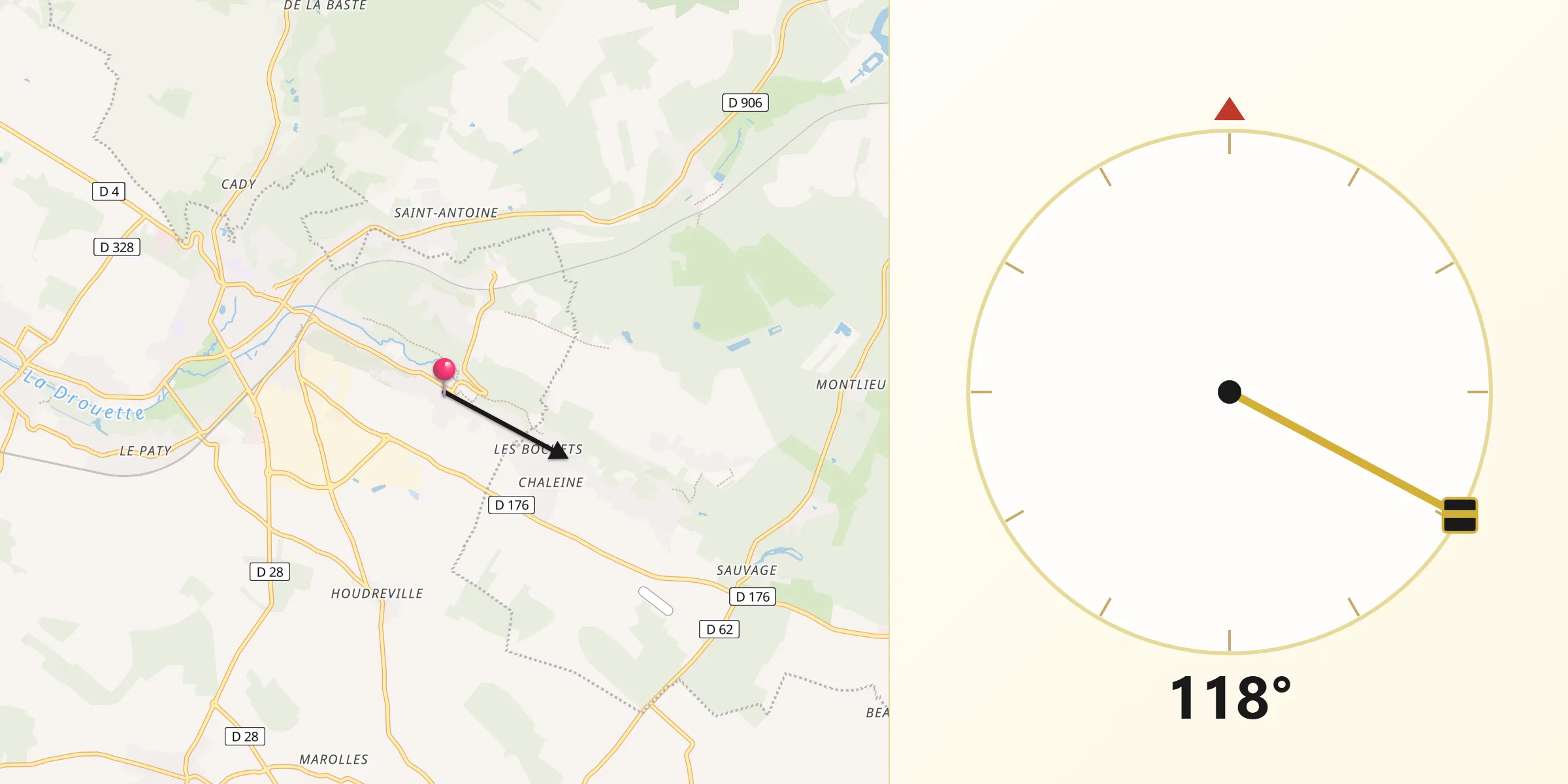 Direction vers la Qibla depuis Droue-sur-Drouette