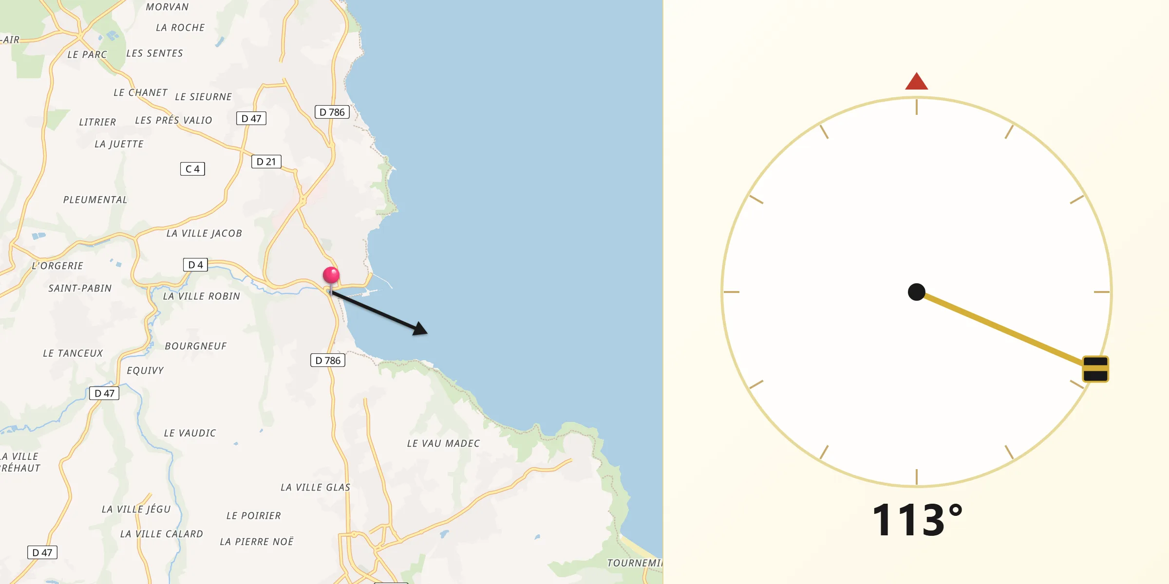 Direction vers la Qibla depuis Binic