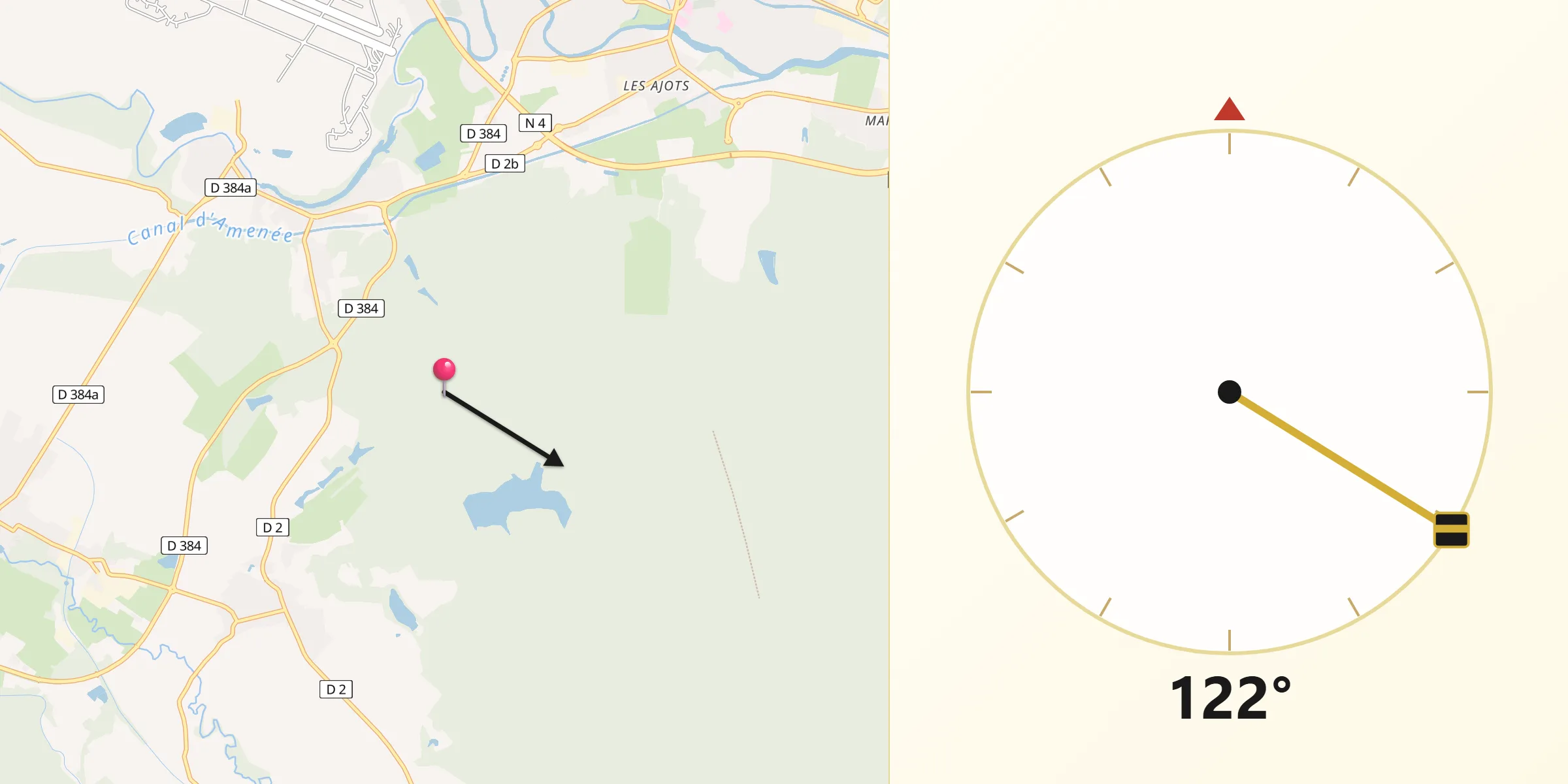 Direction vers la Qibla depuis Roches-sur-Marne