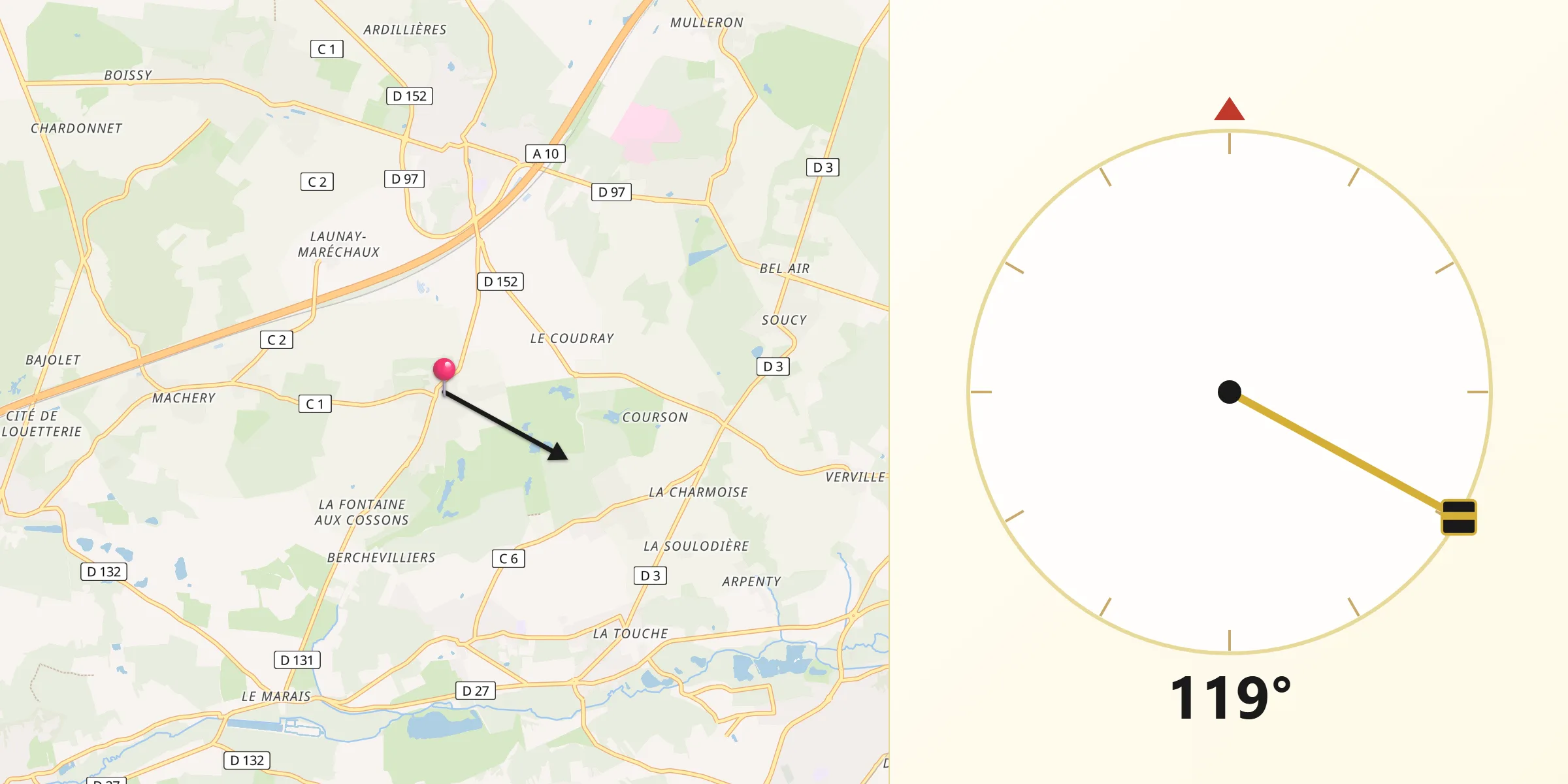 Direction vers la Qibla depuis Vaugrigneuse