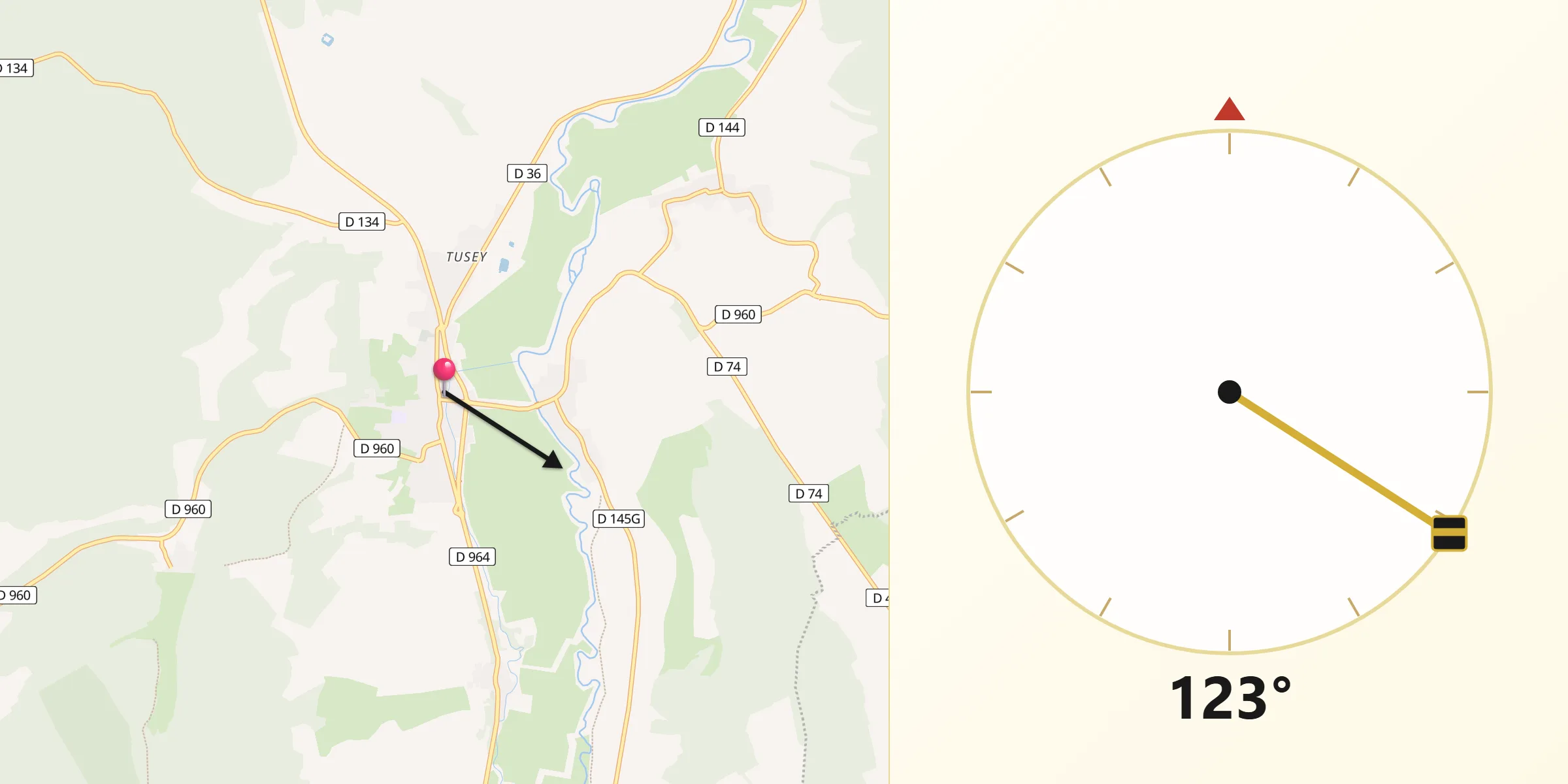 Direction vers la Qibla depuis Vaucouleurs