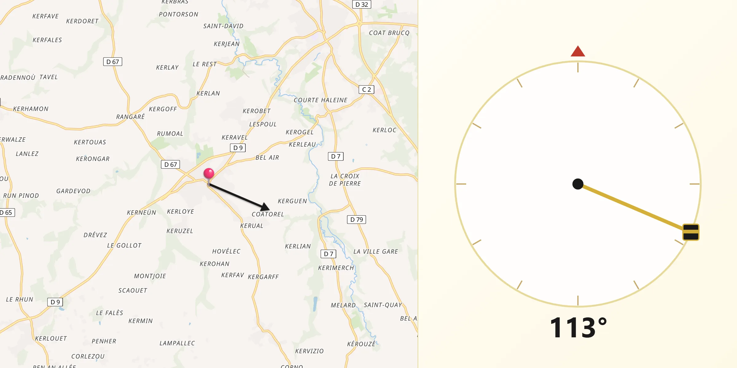 Direction vers la Qibla depuis Goudelin