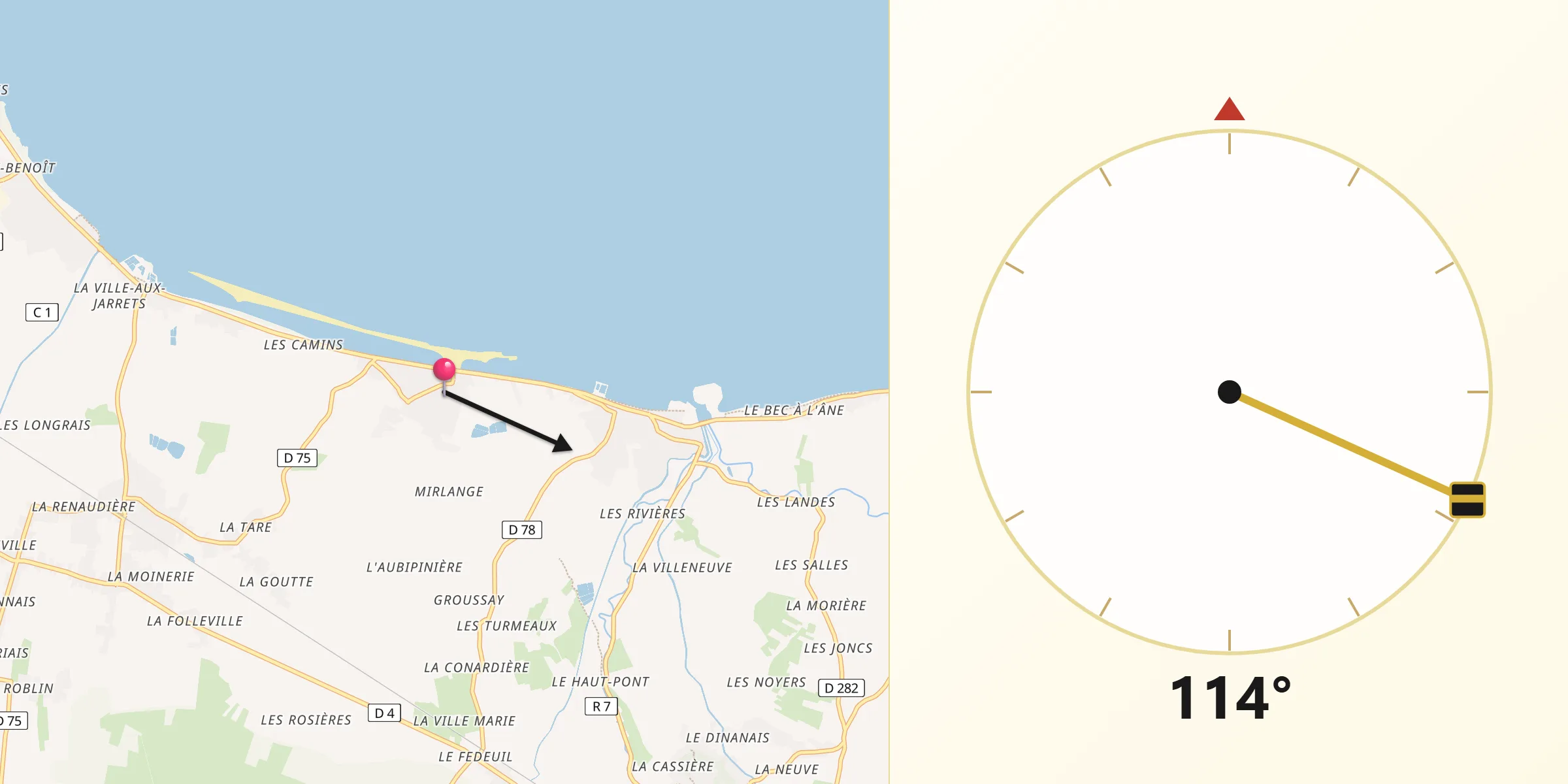 Direction vers la Qibla depuis Hirel
