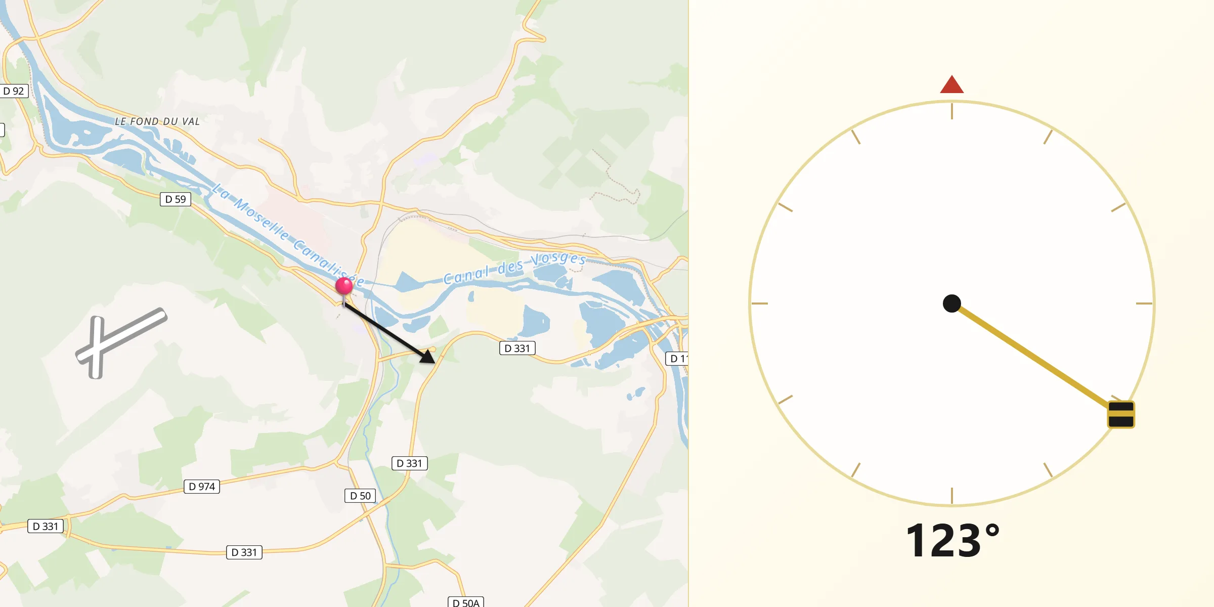 Direction vers la Qibla depuis Pont-Saint-Vincent