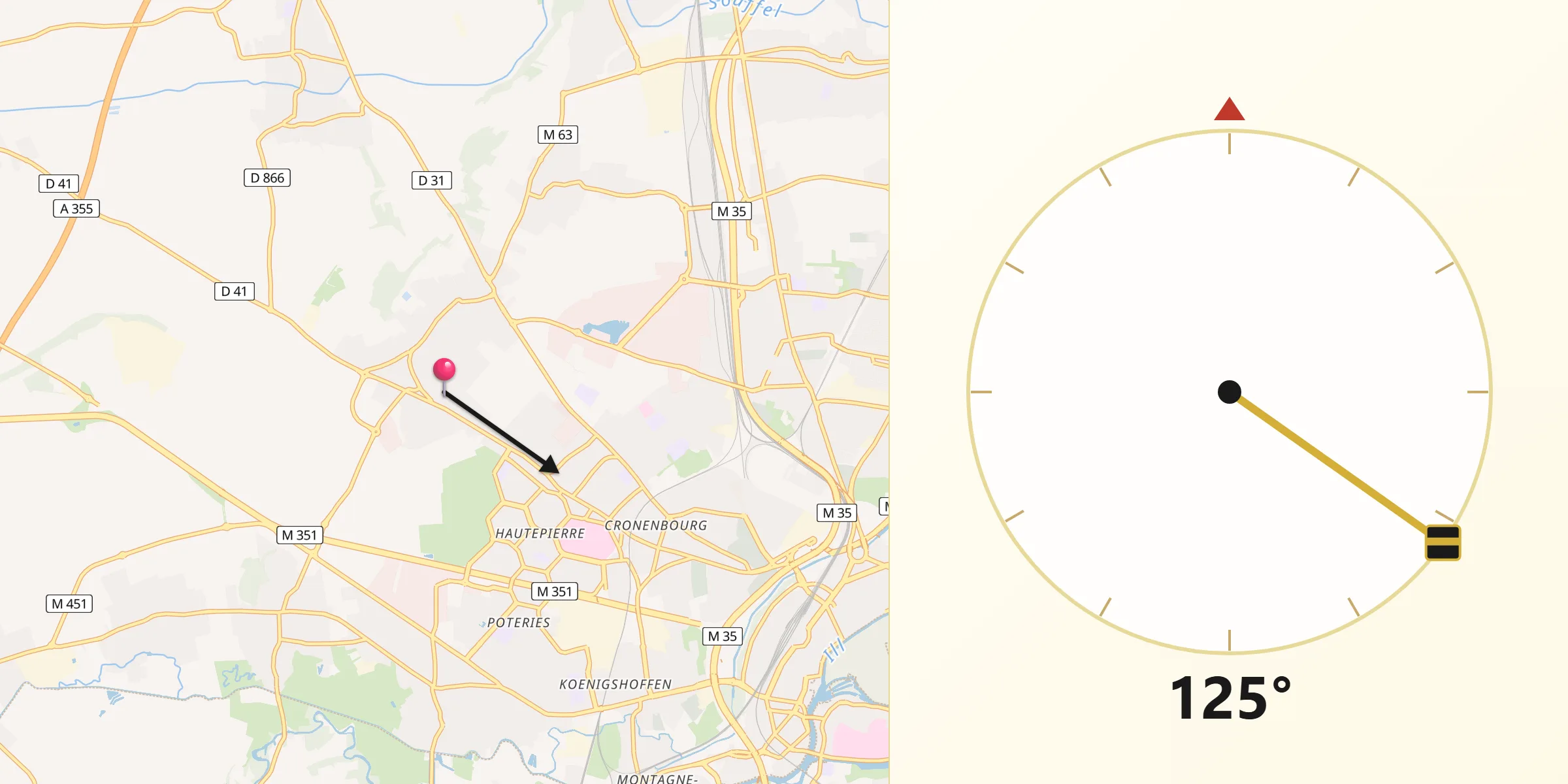 Direction vers la Qibla depuis Oberhausbergen