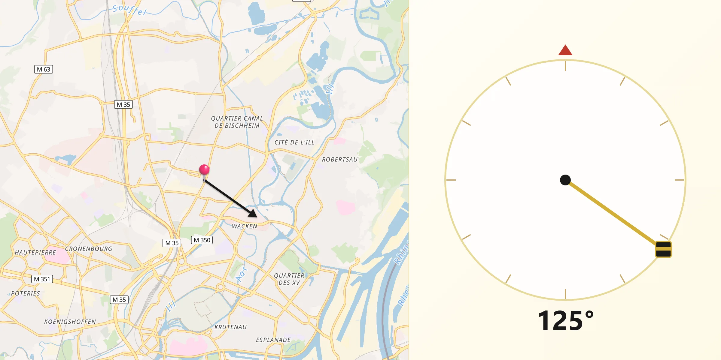 Direction vers la Qibla depuis Schiltigheim