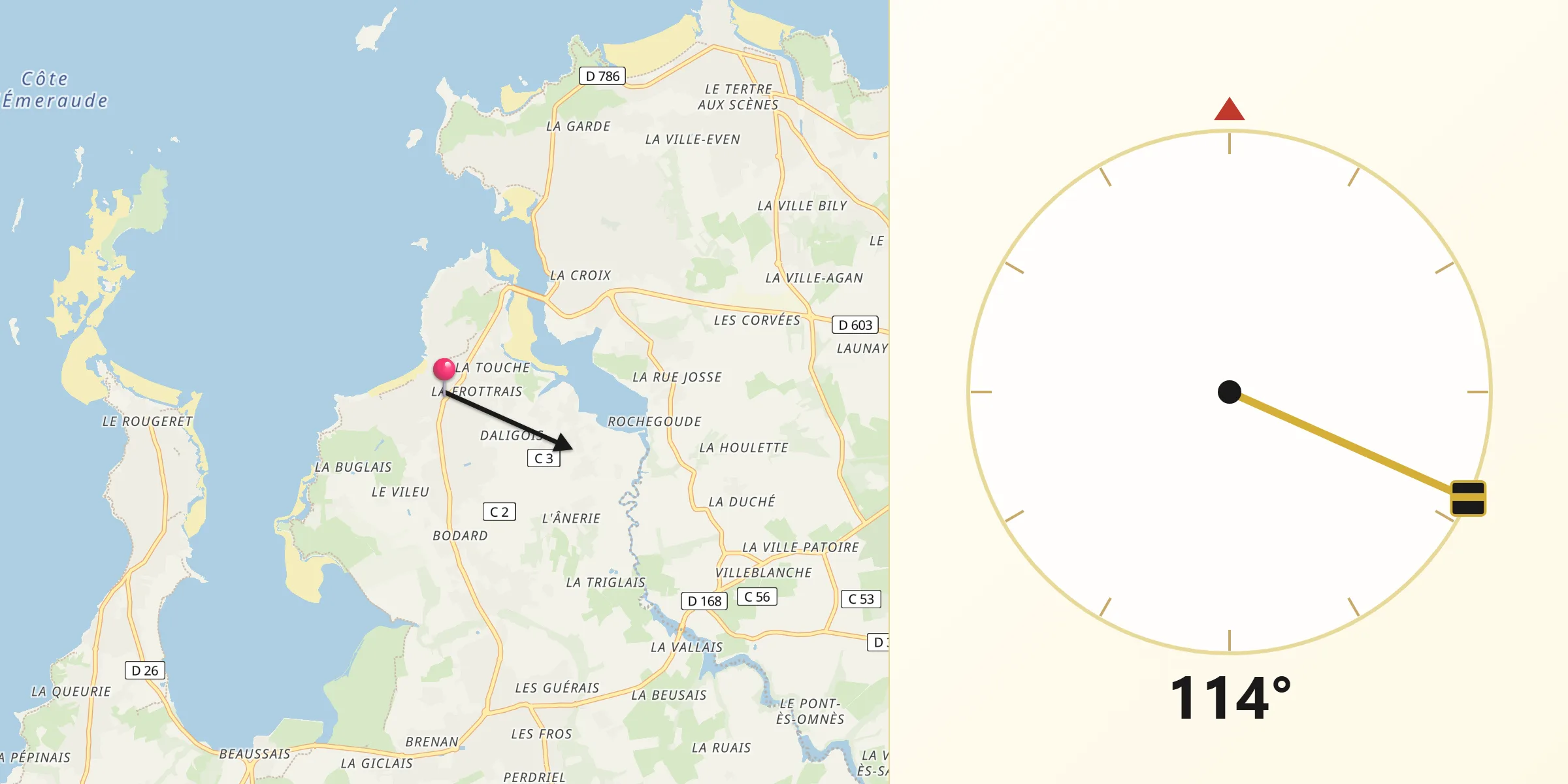 Direction vers la Qibla depuis Lancieux