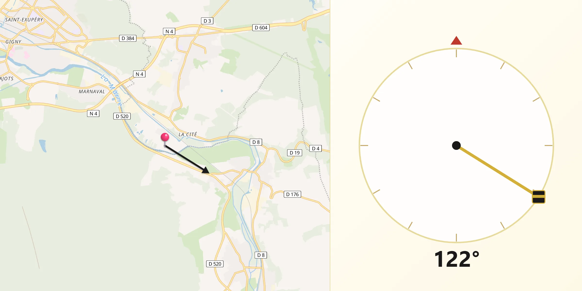 Direction vers la Qibla depuis Chamouilley