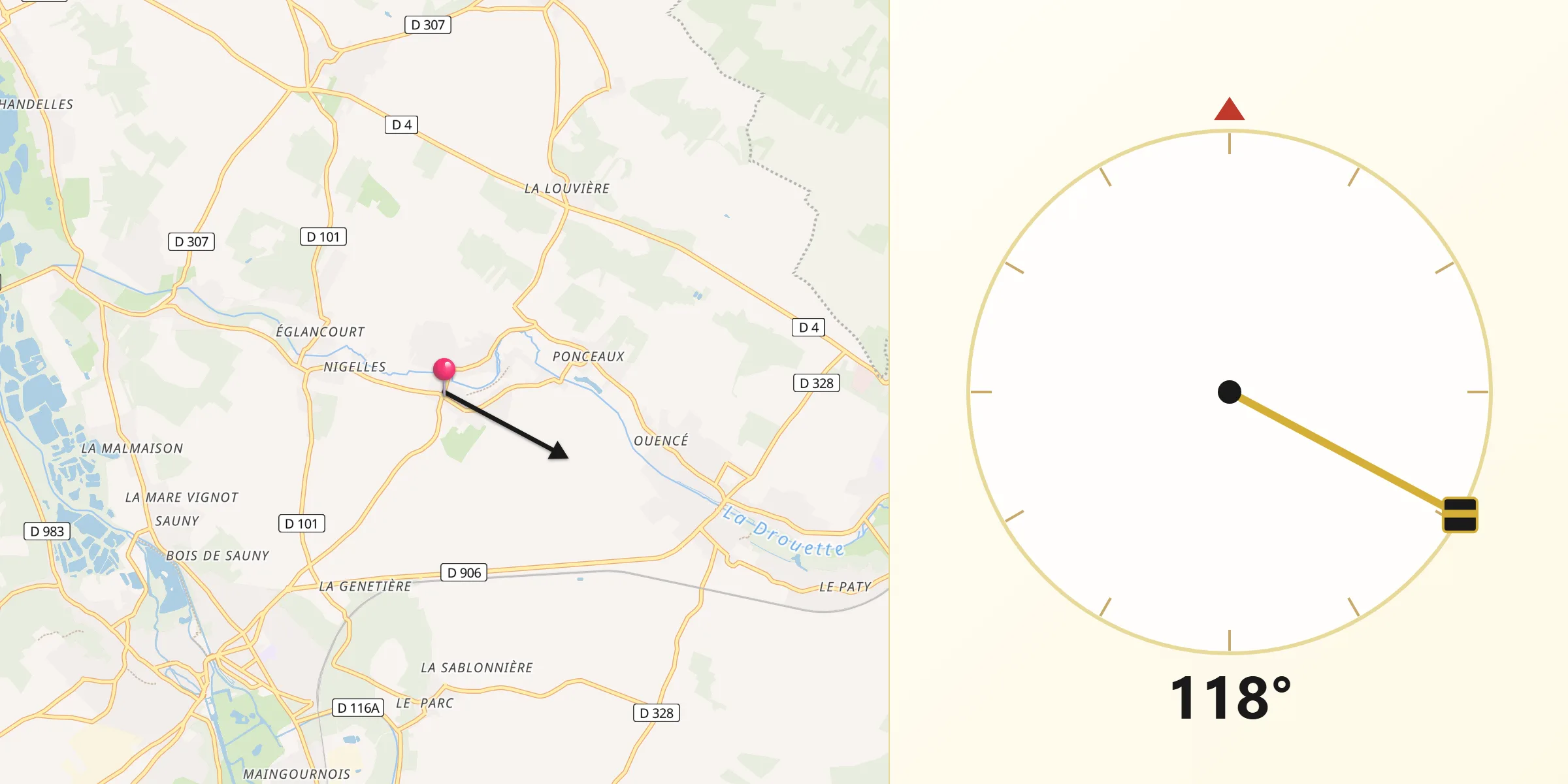 Direction vers la Qibla depuis Saint-Martin-de-Nigelles