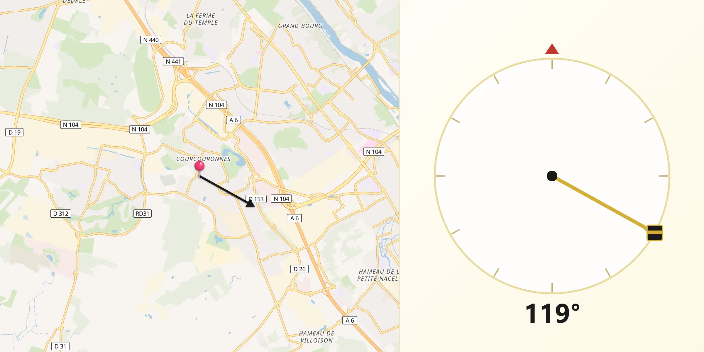 Direction vers la Qibla depuis Courcouronnes