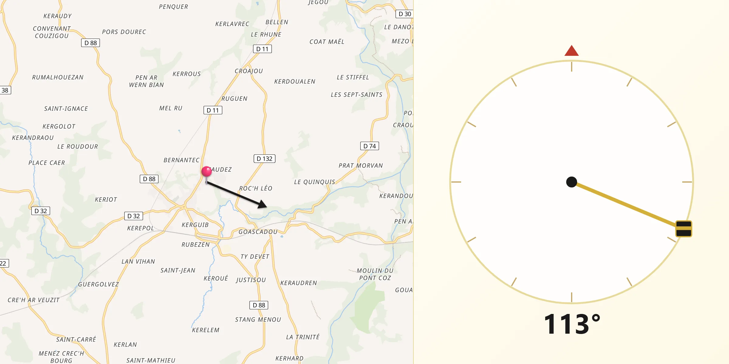 Direction vers la Qibla depuis Plouaret