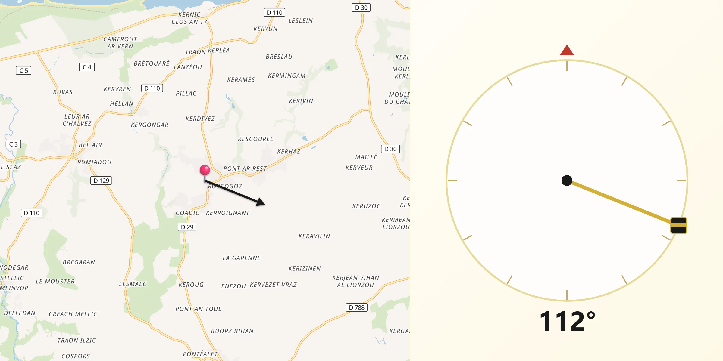 Direction vers la Qibla depuis Plounévez-Lochrist