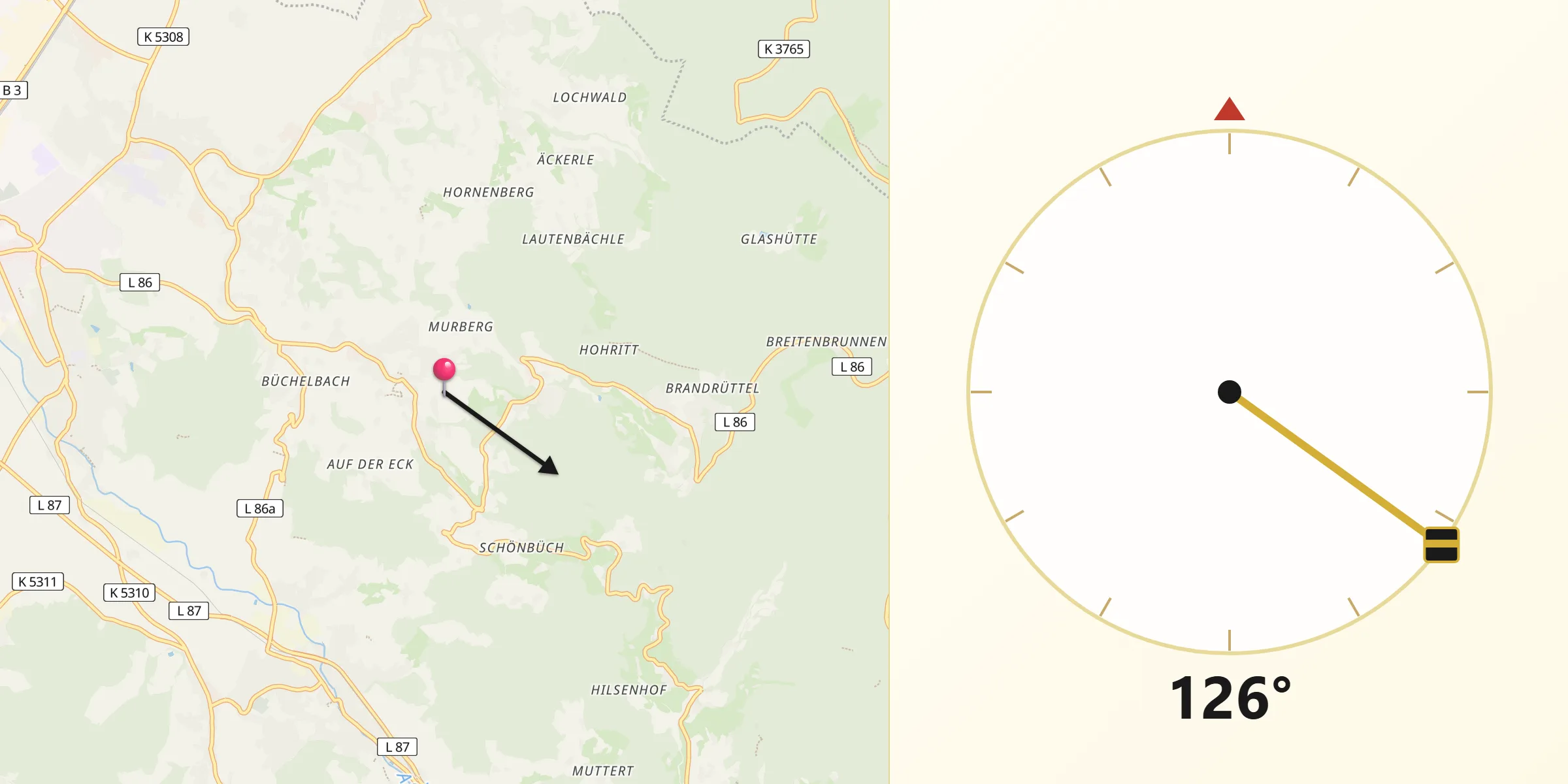 Qibla-Richtung von Sasbachwalden