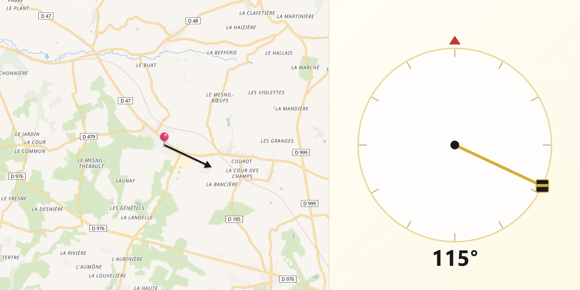 Direction vers la Qibla depuis Isigny-le-Buat