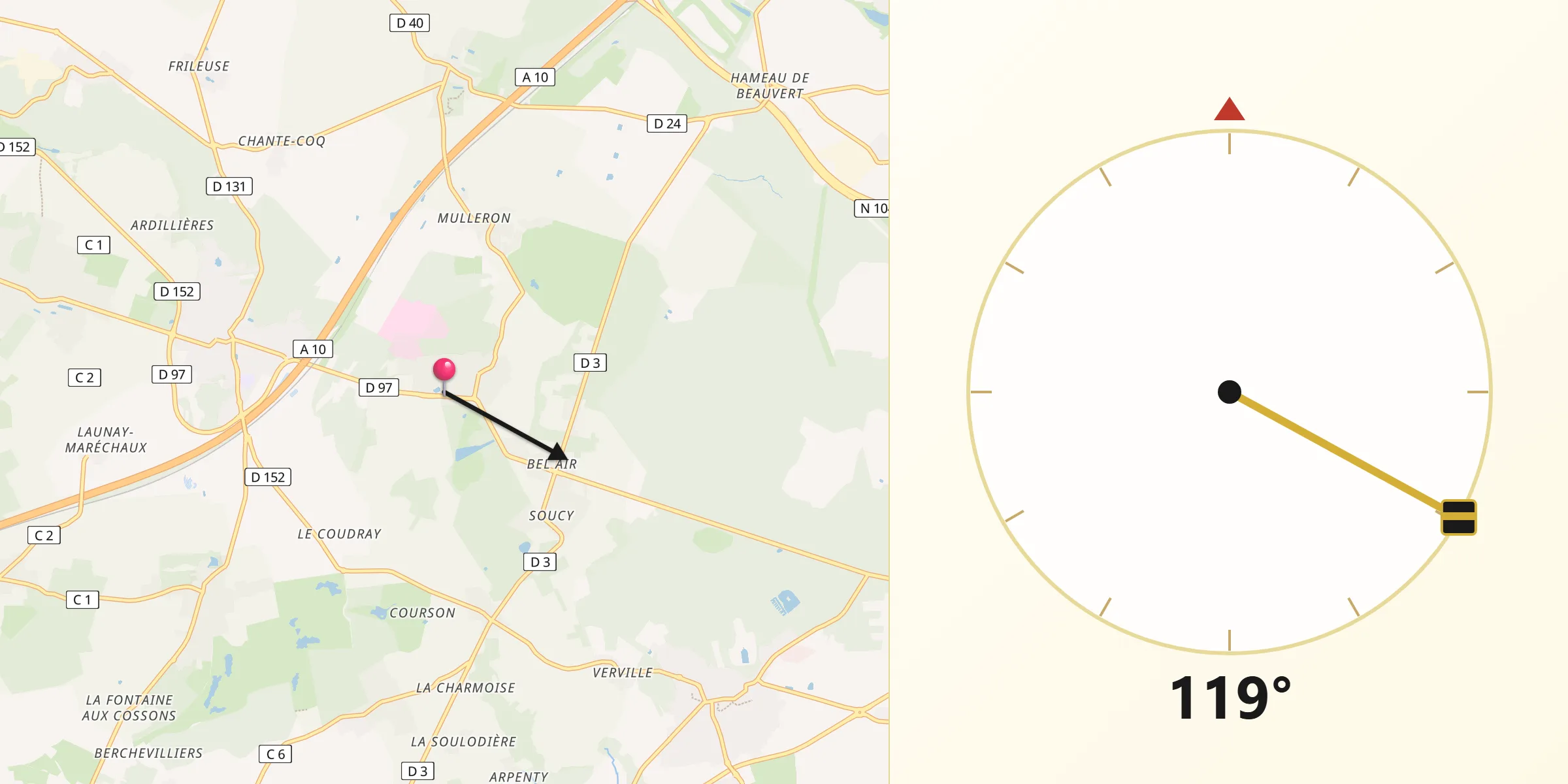 Direction vers la Qibla depuis Fontenay-lès-Briis