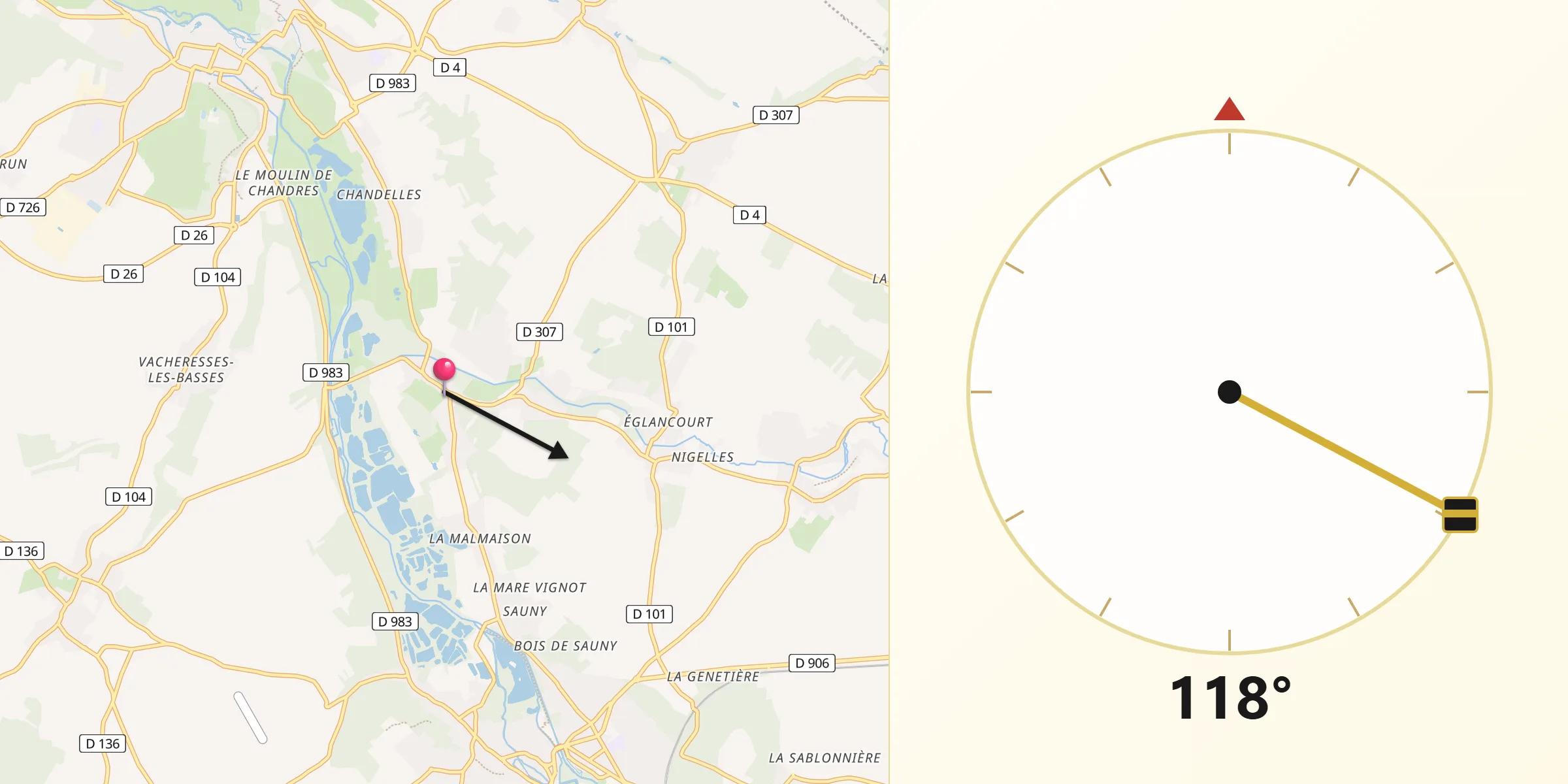 Direction vers la Qibla depuis Villiers-le-Morhier