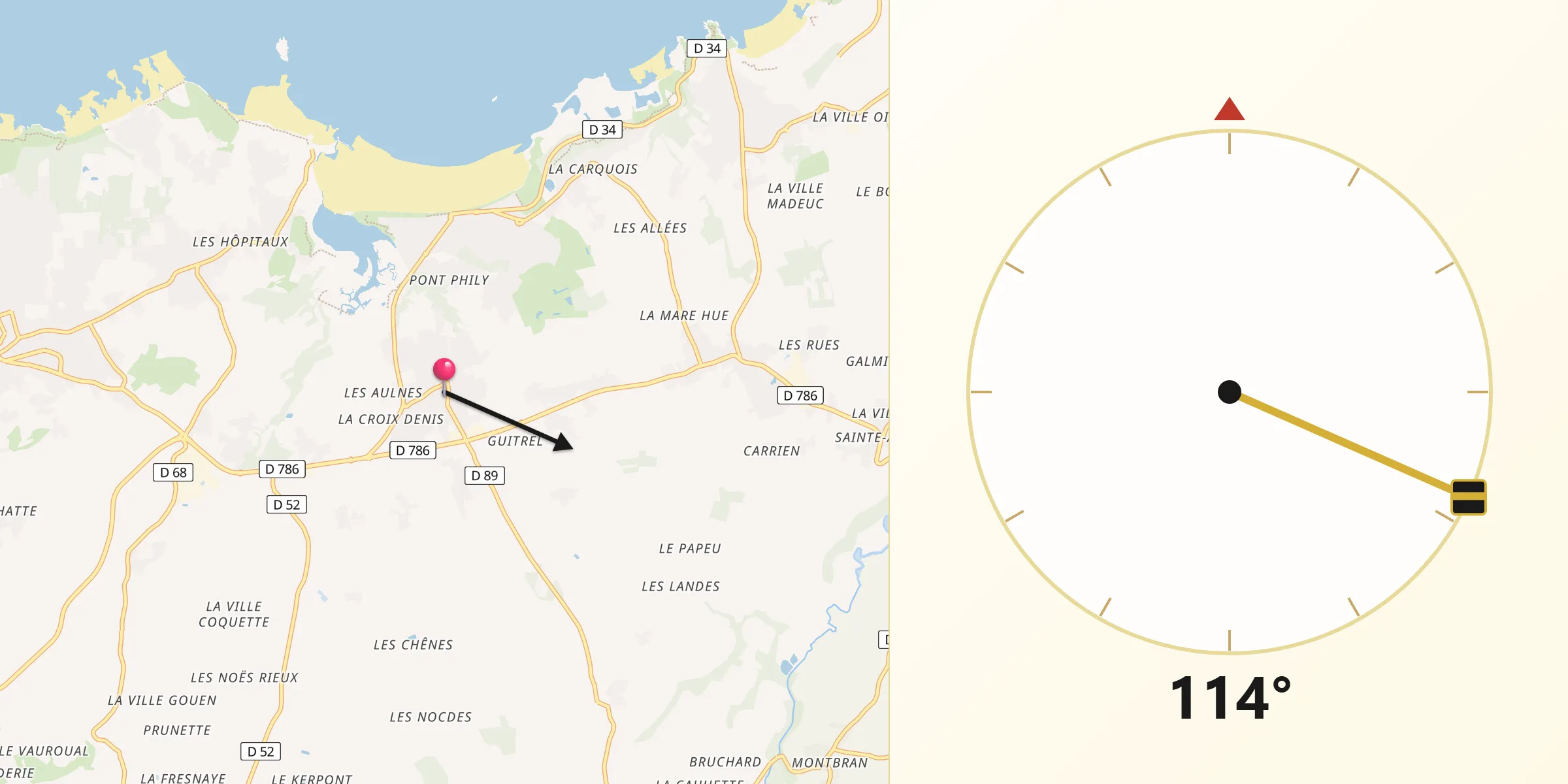Direction vers la Qibla depuis Plurien