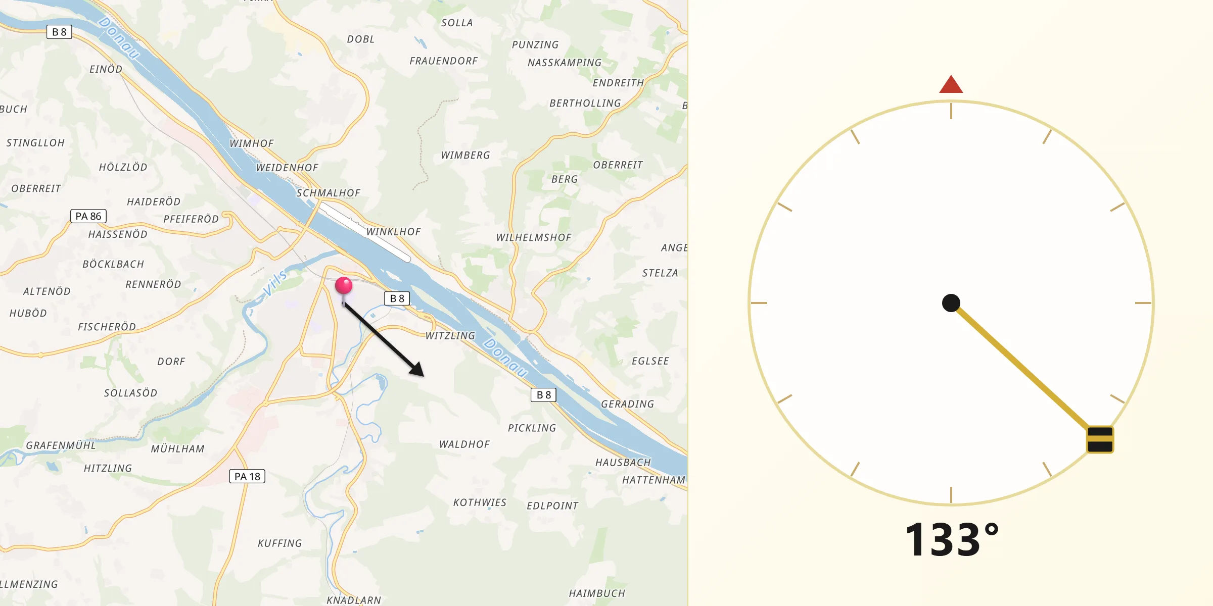 Qibla-Richtung von Vilshofen an der Donau