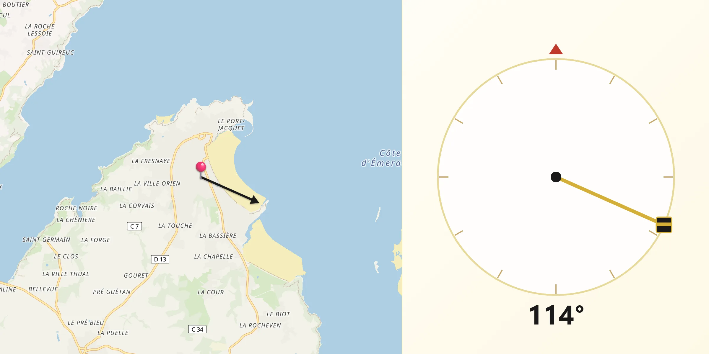 Direction vers la Qibla depuis Saint-Cast-le-Guildo