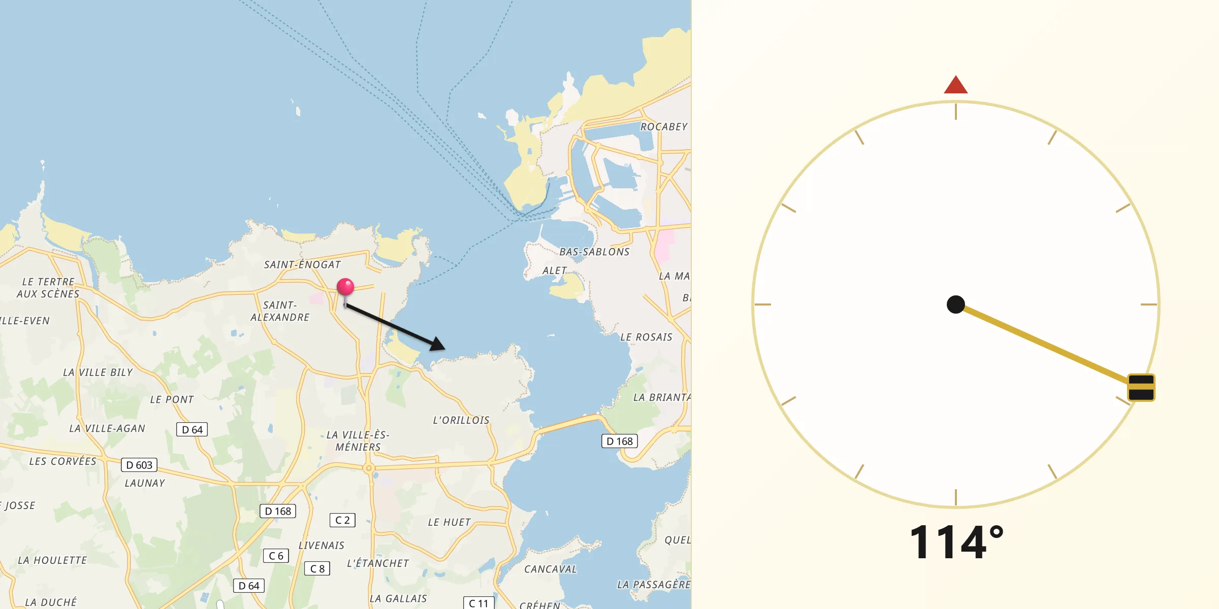 Direction vers la Qibla depuis Dinard