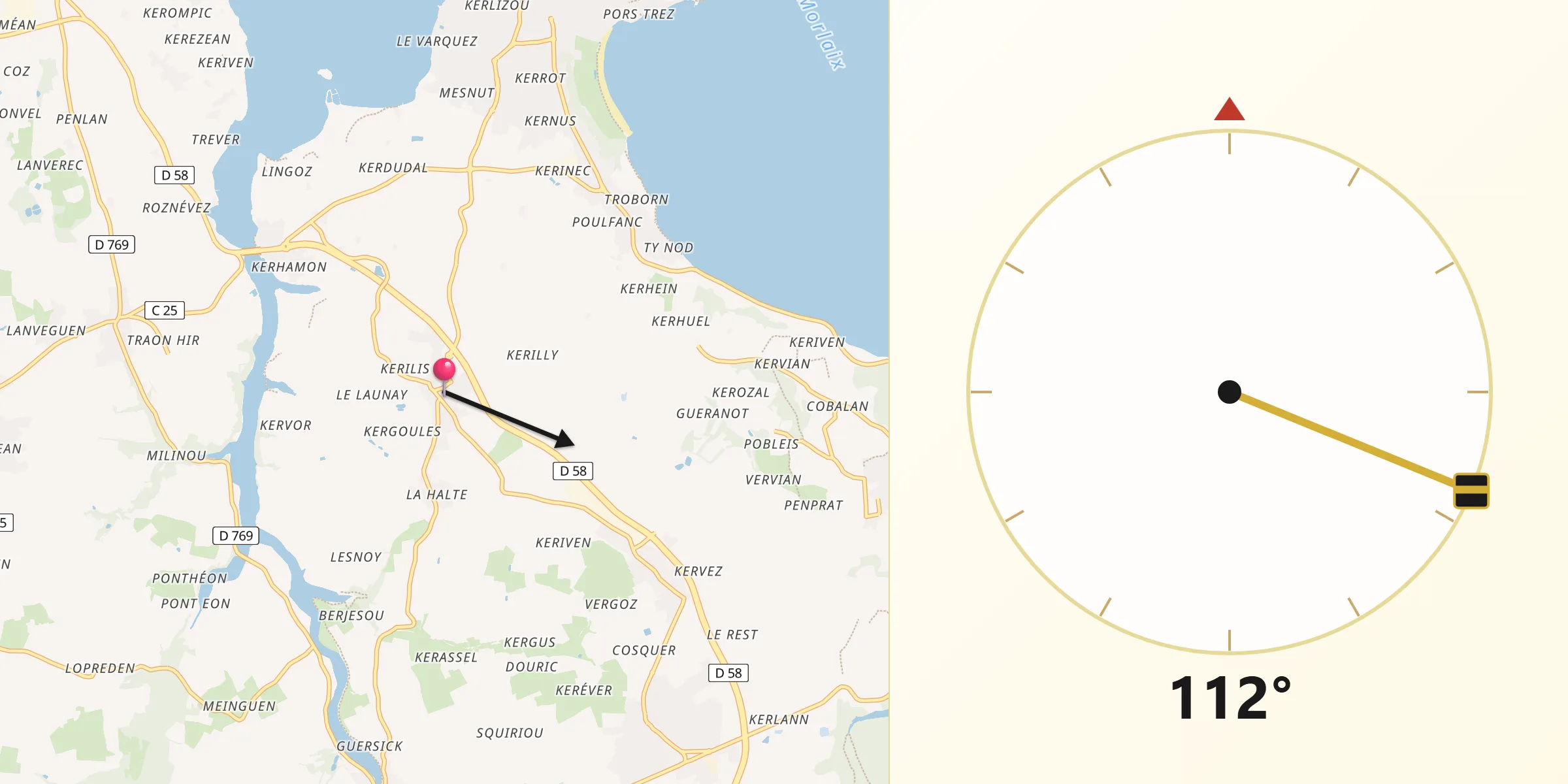 Direction vers la Qibla depuis Henvic