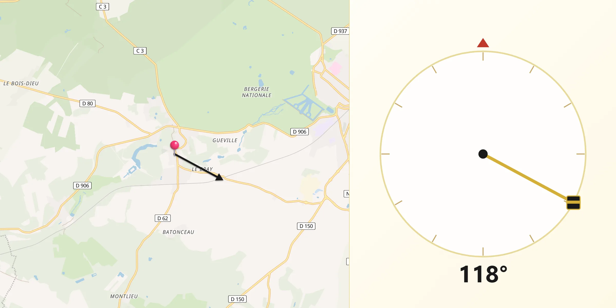 Direction vers la Qibla depuis Gazeran