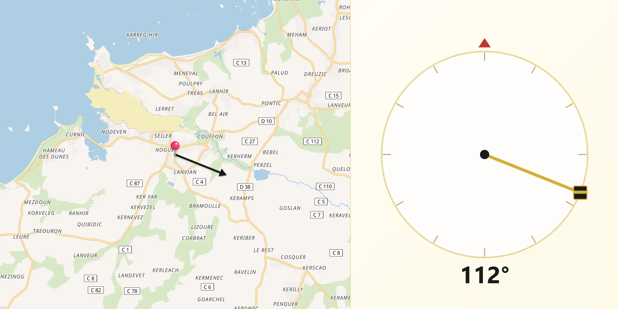 Direction vers la Qibla depuis Guissény