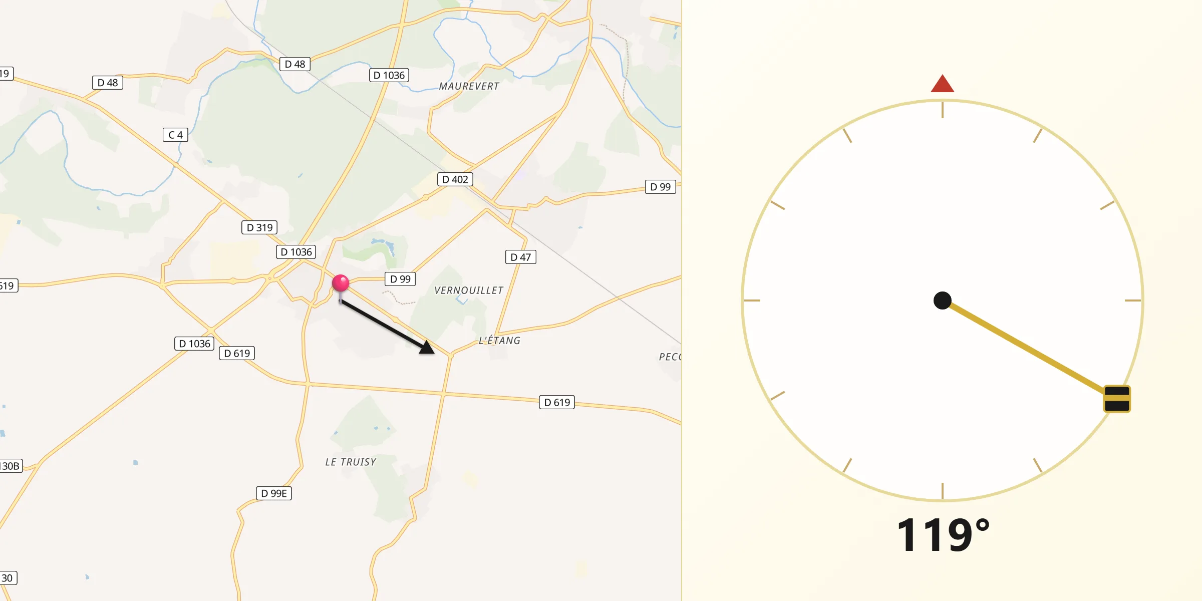Direction vers la Qibla depuis Guignes