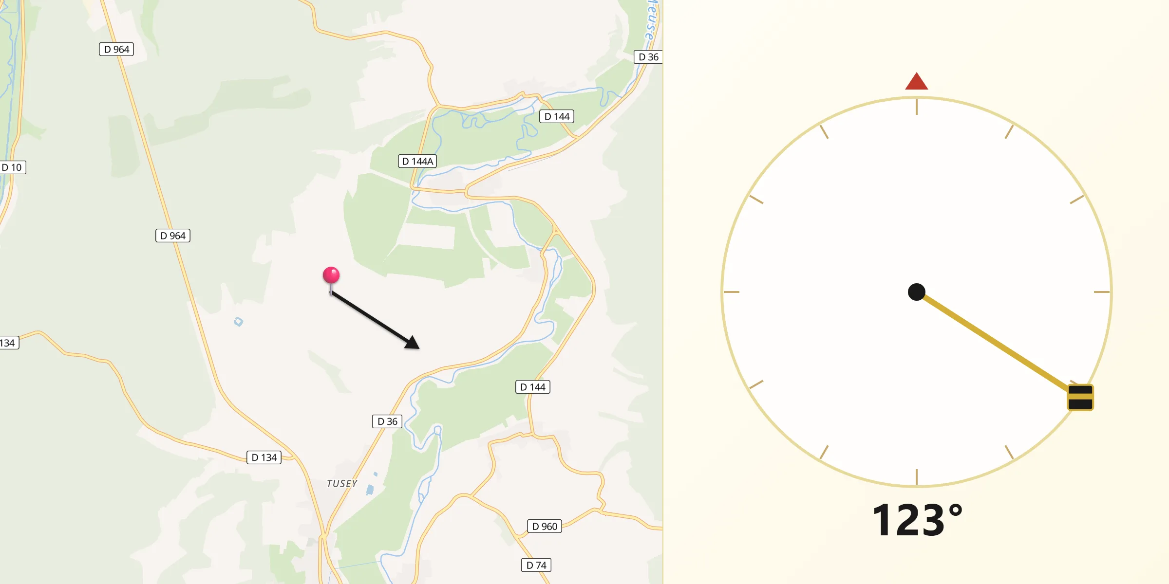 Direction vers la Qibla depuis Ugny-sur-Meuse