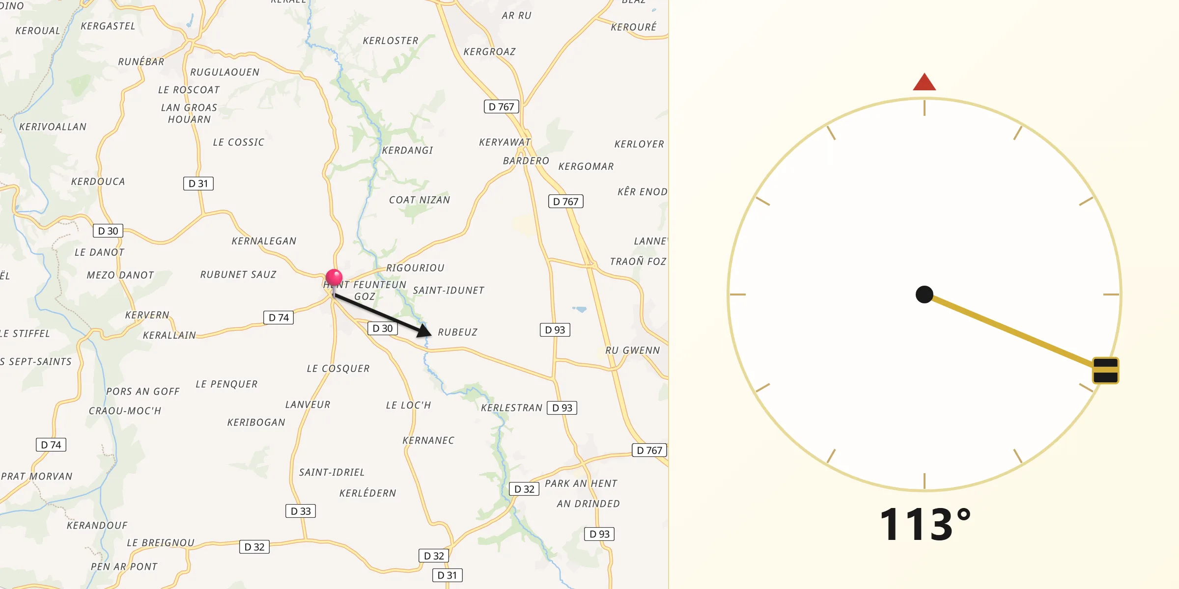 Direction vers la Qibla depuis Pluzunet