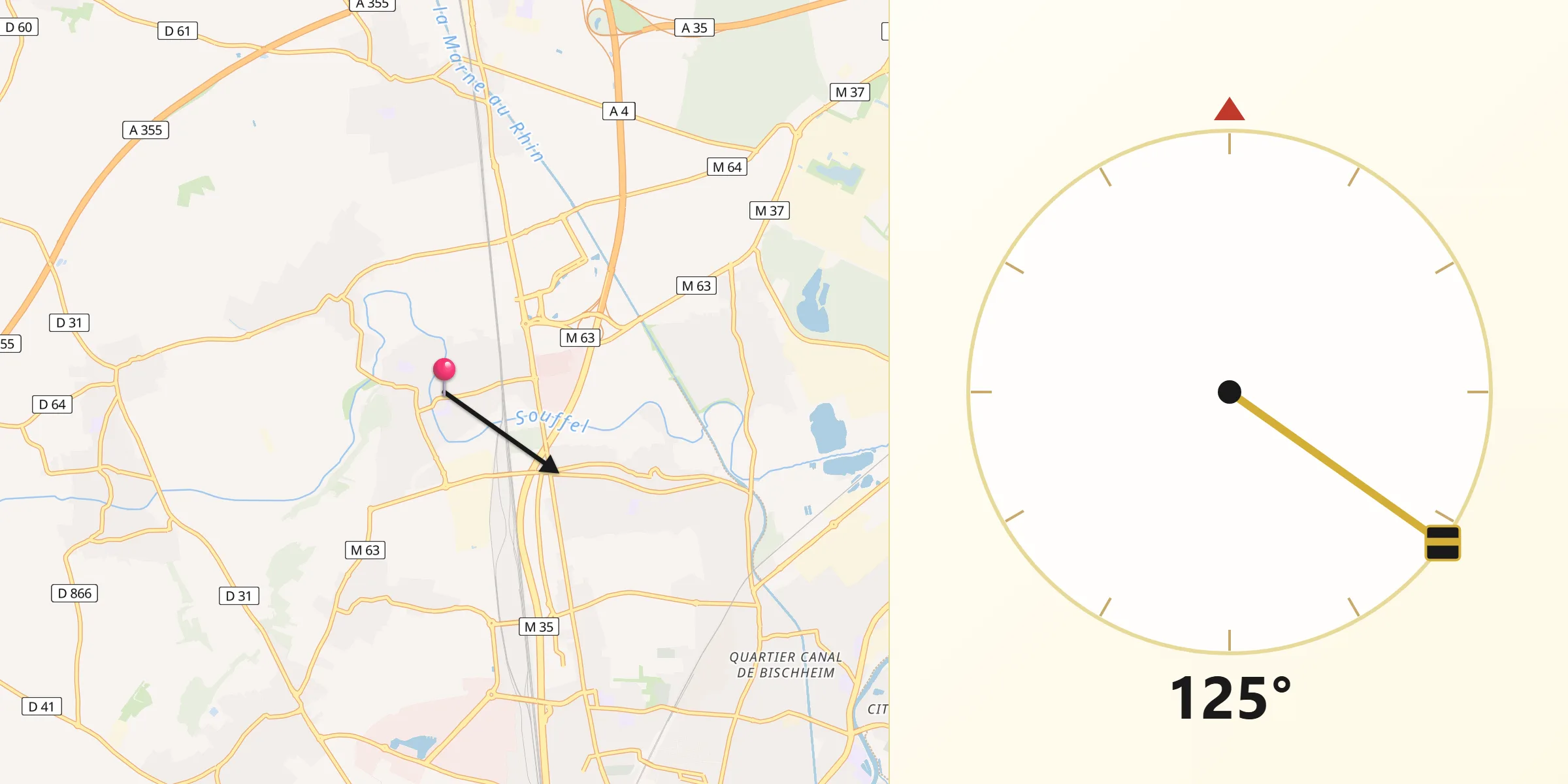 Direction vers la Qibla depuis Mundolsheim