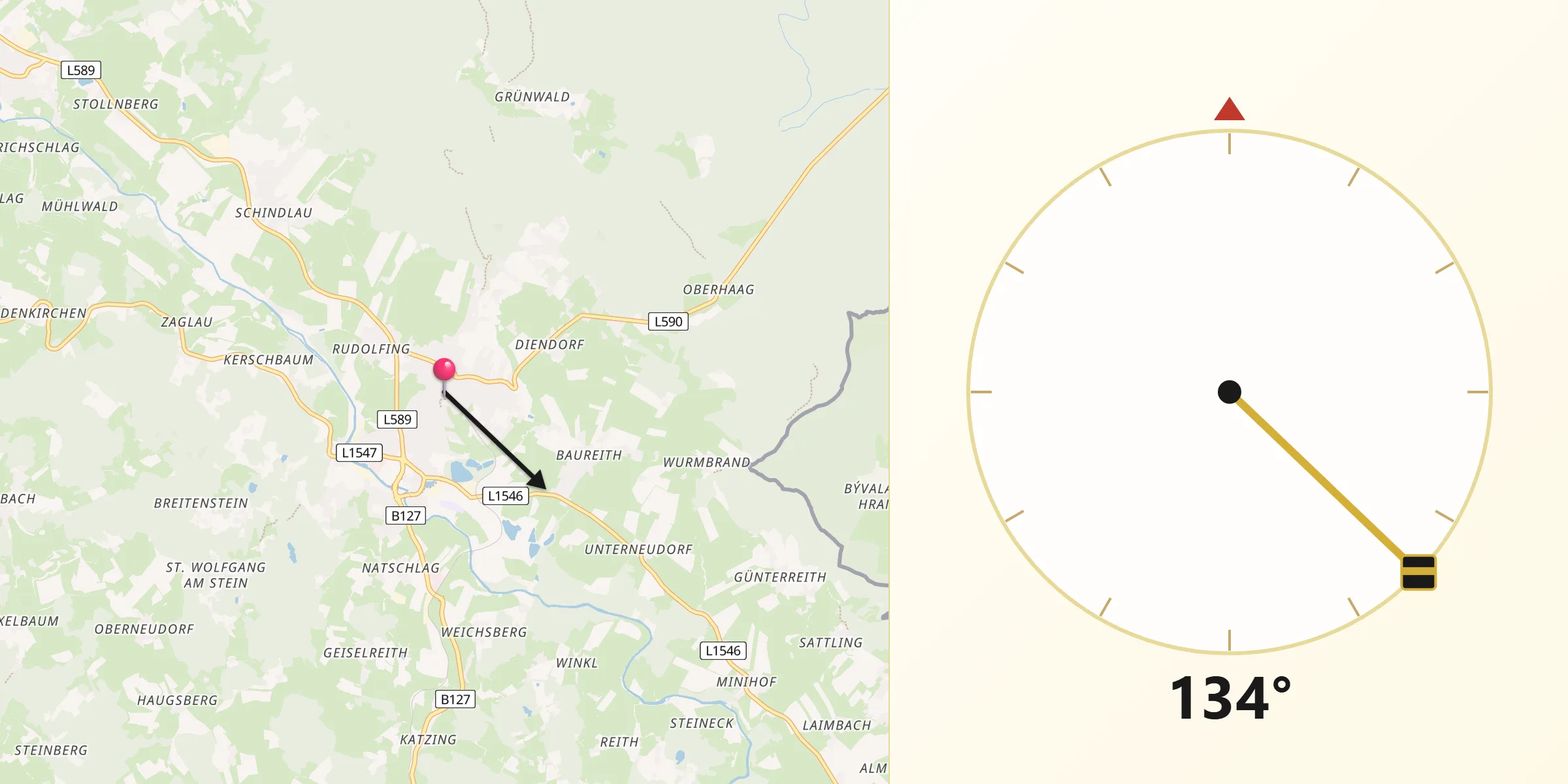 Qibla-Richtung von Aigen im Mühlkreis
