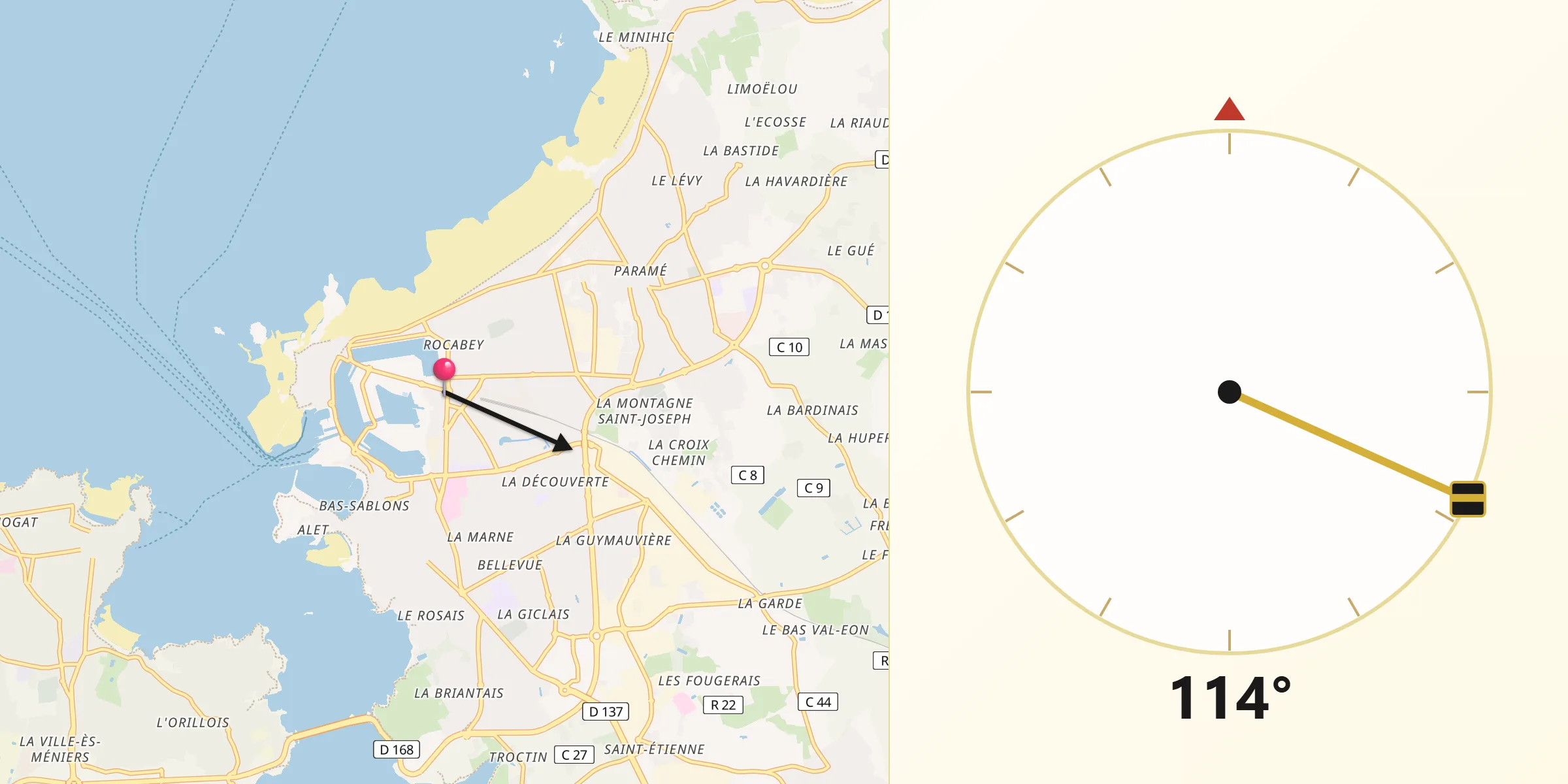 Direction vers la Qibla depuis Saint-Malo