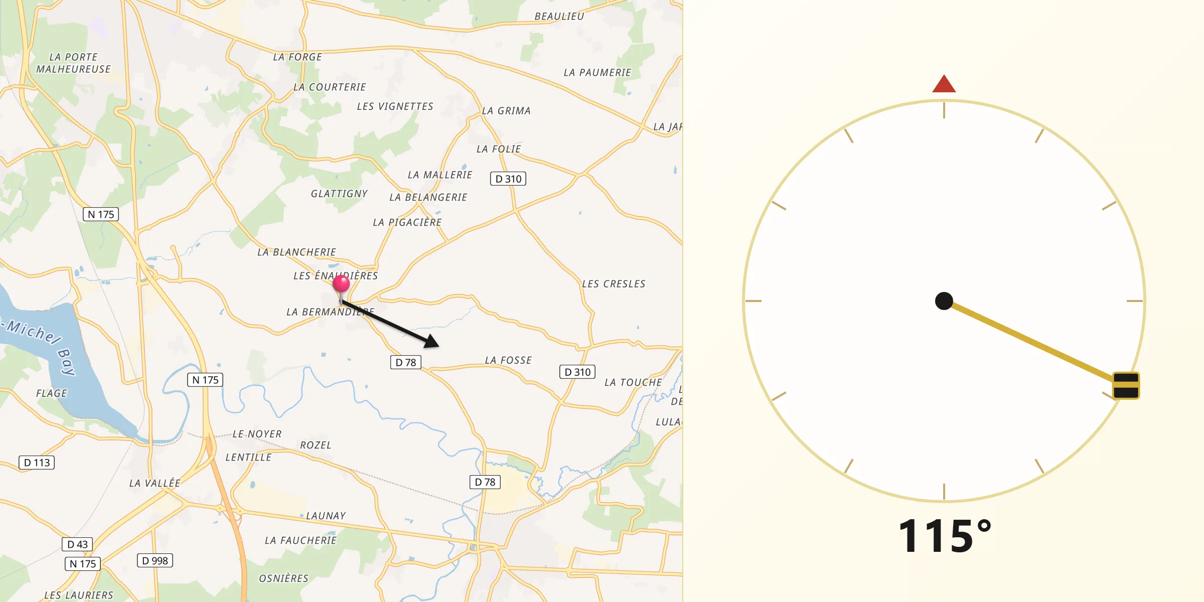 Direction vers la Qibla depuis Saint-Quentin-sur-le-Homme