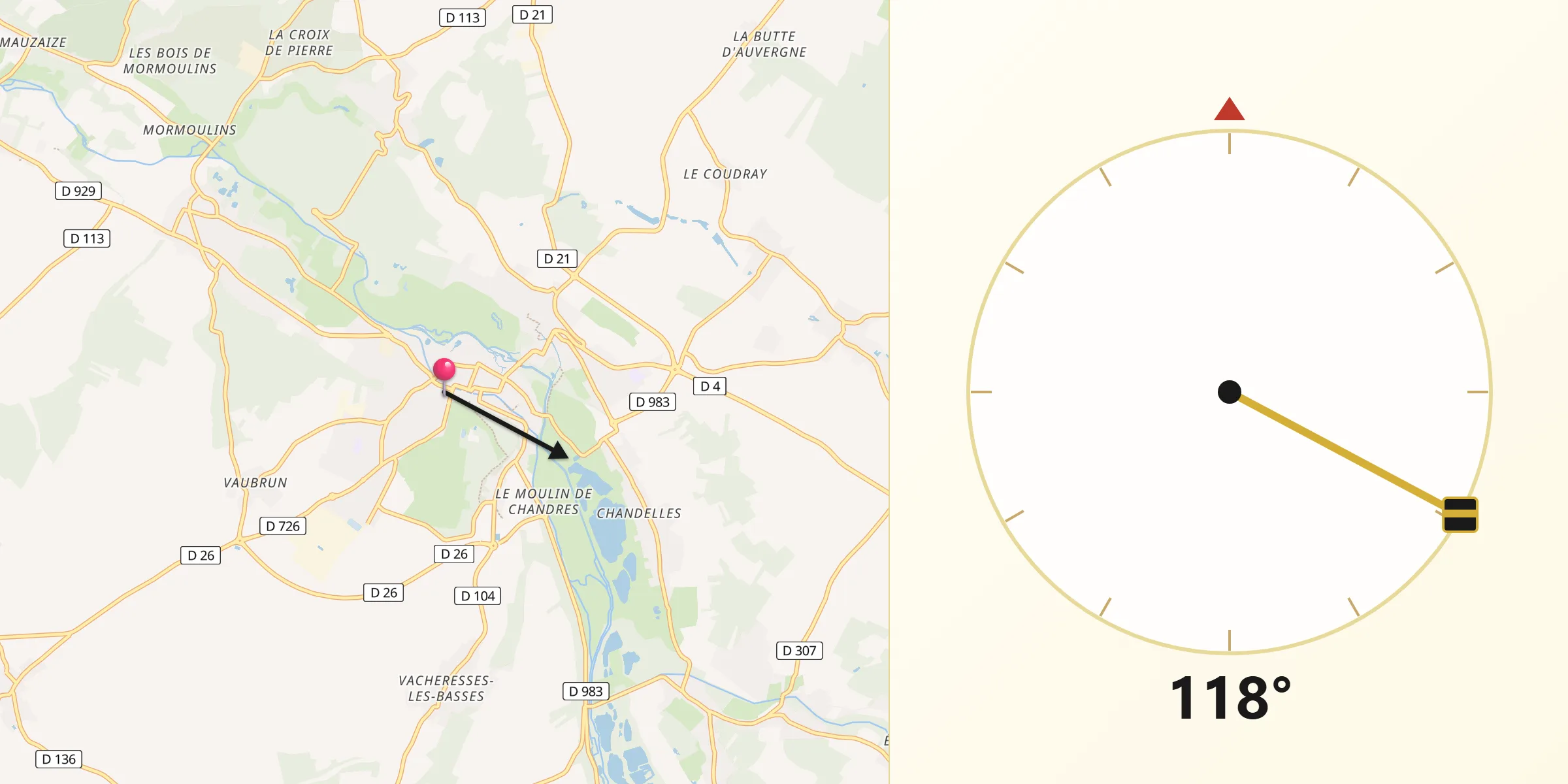 Direction vers la Qibla depuis Nogent-le-Roi