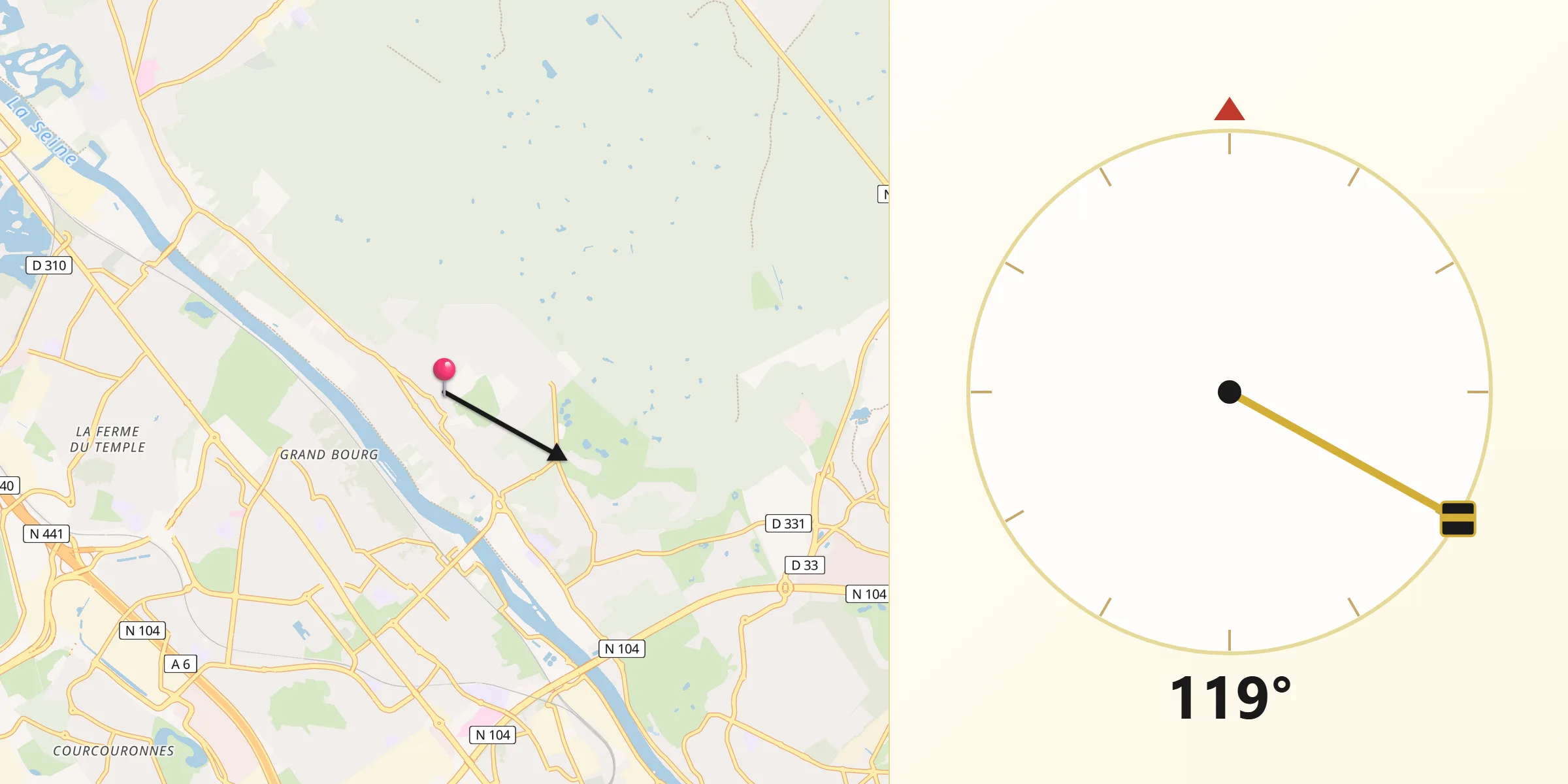 Direction vers la Qibla depuis Soisy-sur-Seine