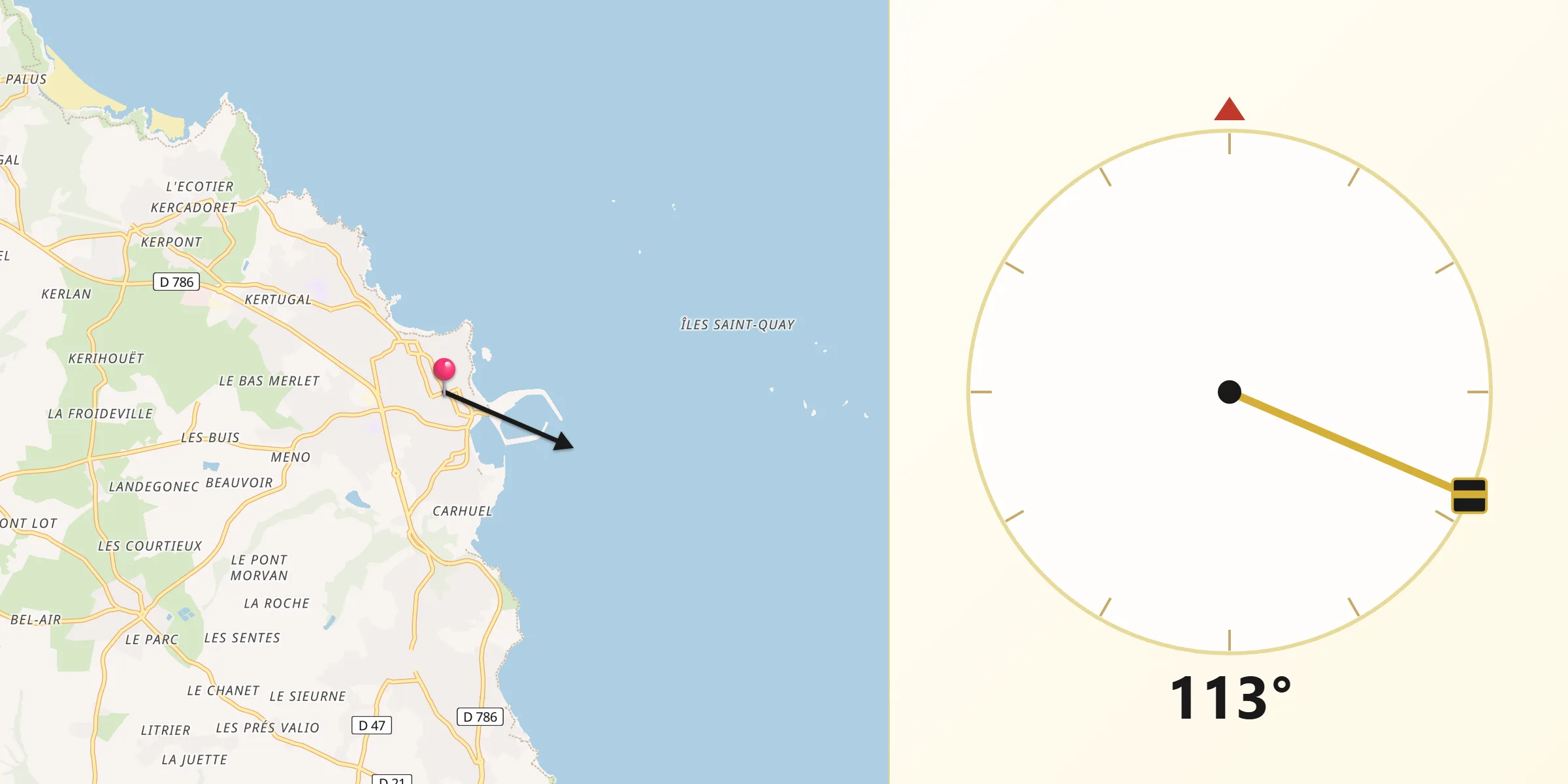 Direction vers la Qibla depuis Saint-Quay-Portrieux
