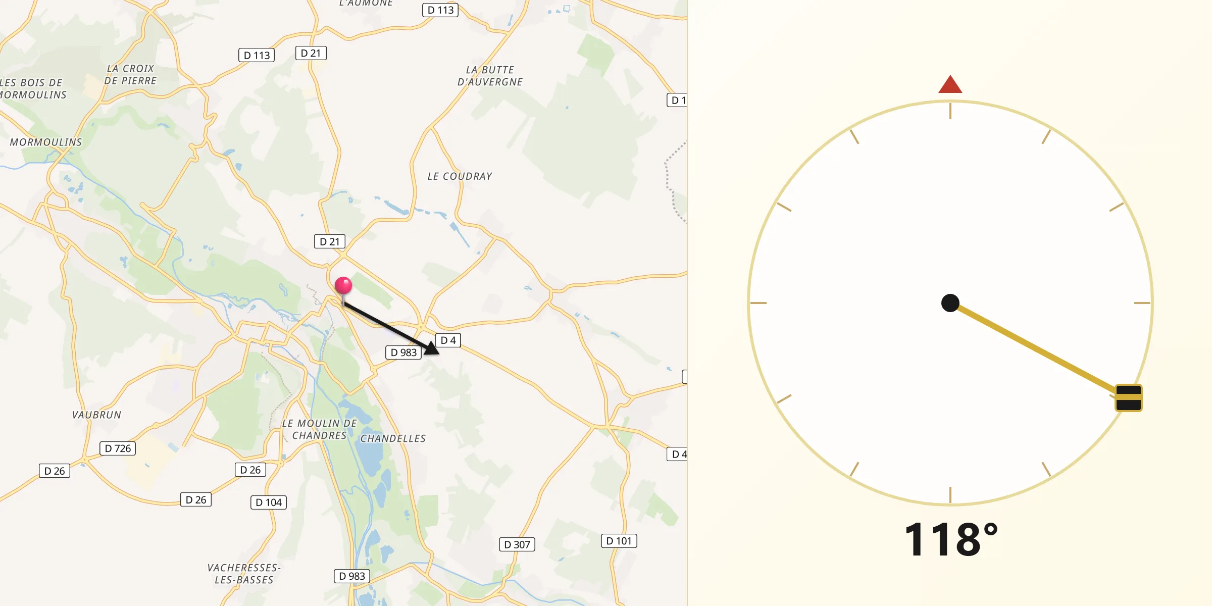 Direction vers la Qibla depuis Coulombs