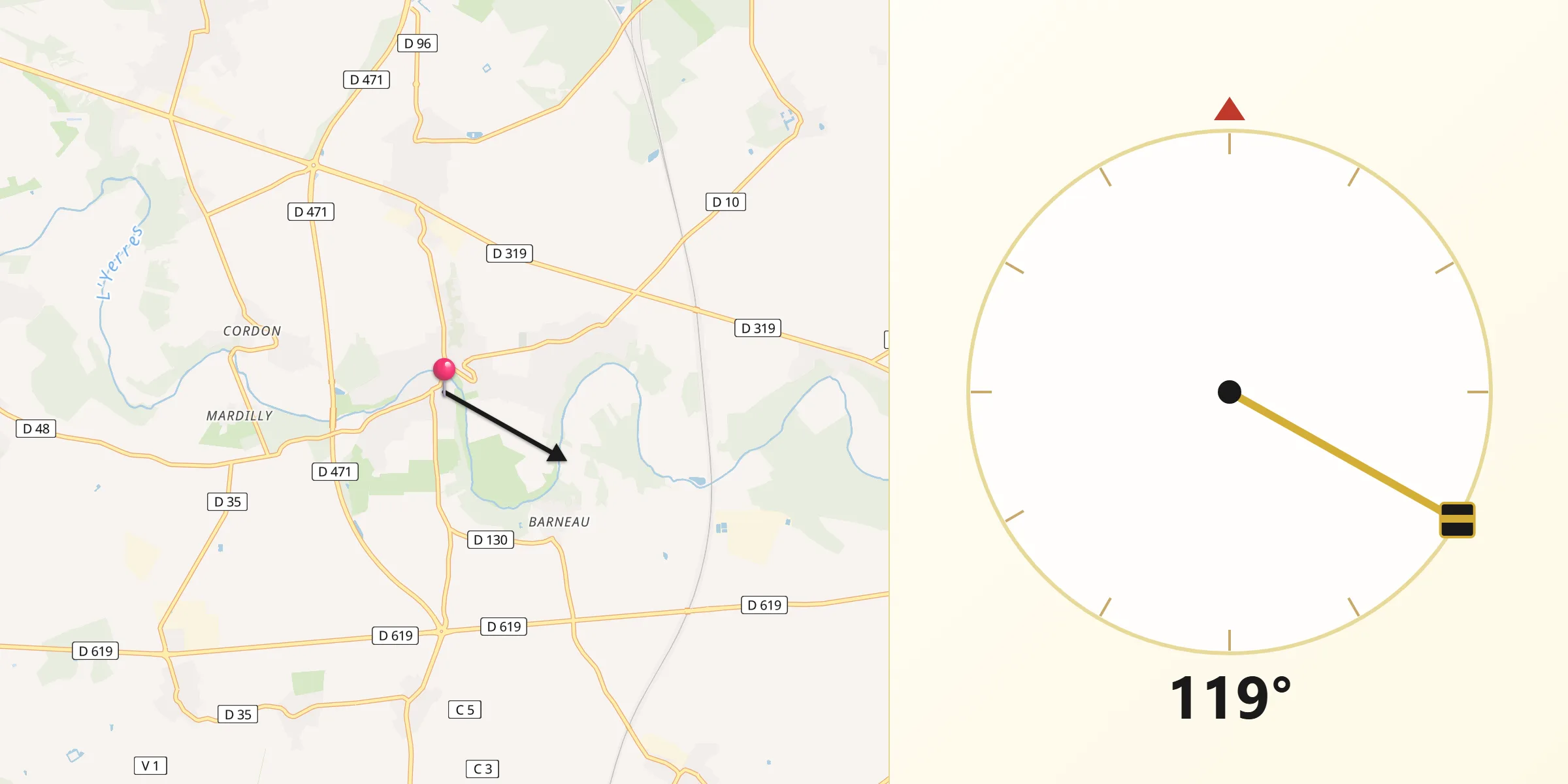 Direction vers la Qibla depuis Soignolles-en-Brie